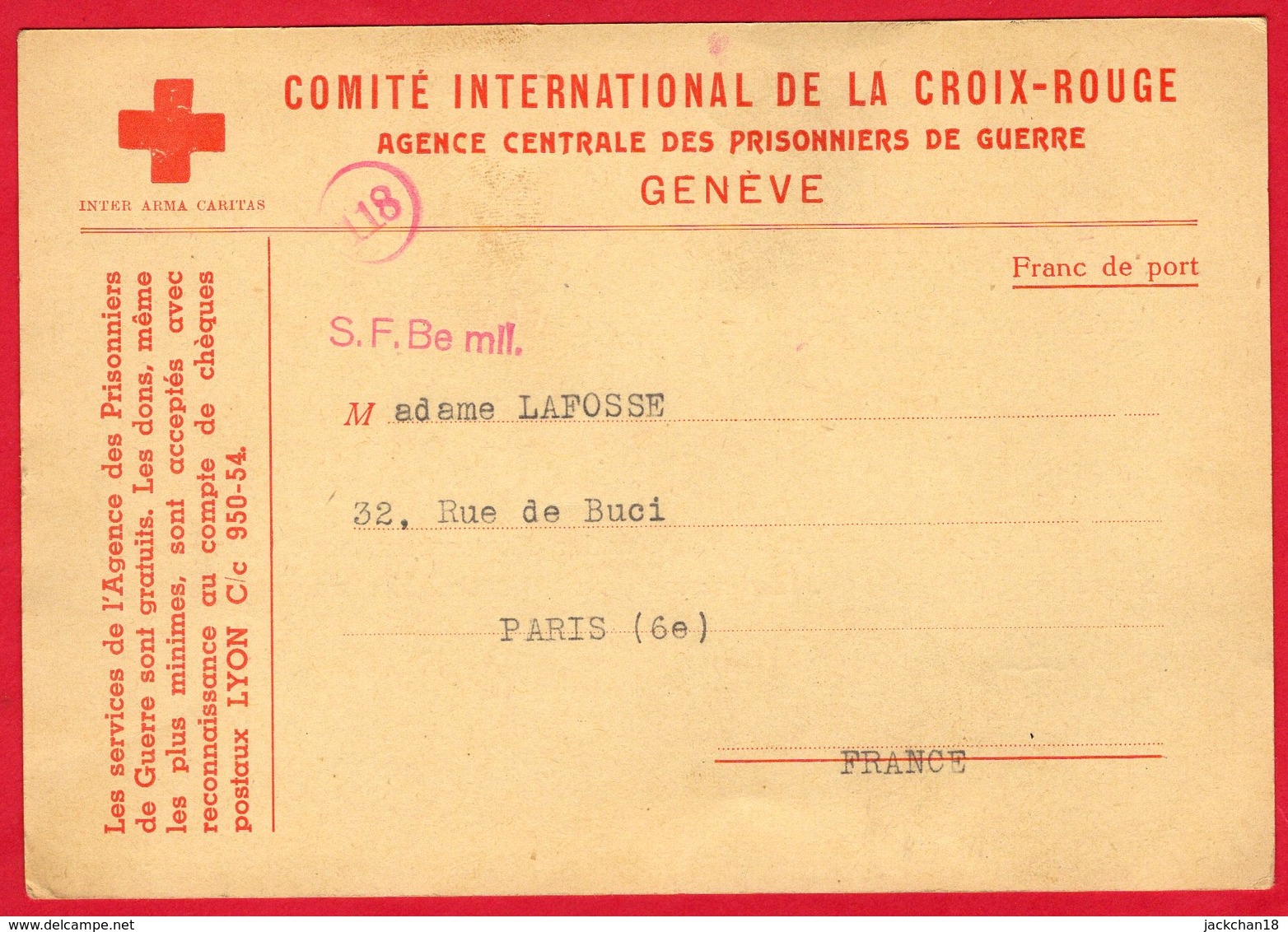 - COMITE INTERNATIONAL DE LA CROIX ROUGE AGENCE CENTRALE DES PRISONNIERS DE GUERRE - GENEVE -- - 1939-45