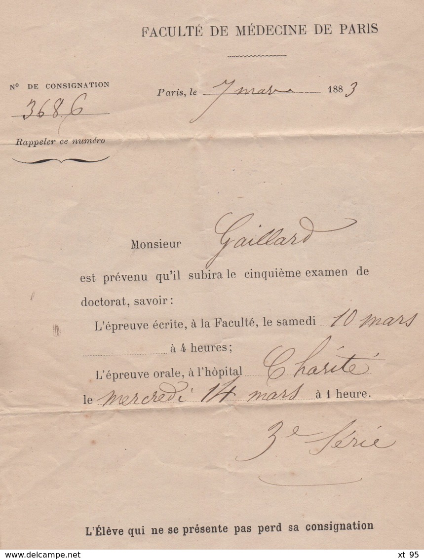 Paris - R. Bonaparte - Timbre Taxe 30c - Convocation Faculte De Medecine - 1883 - 1877-1920: Periodo Semi Moderno