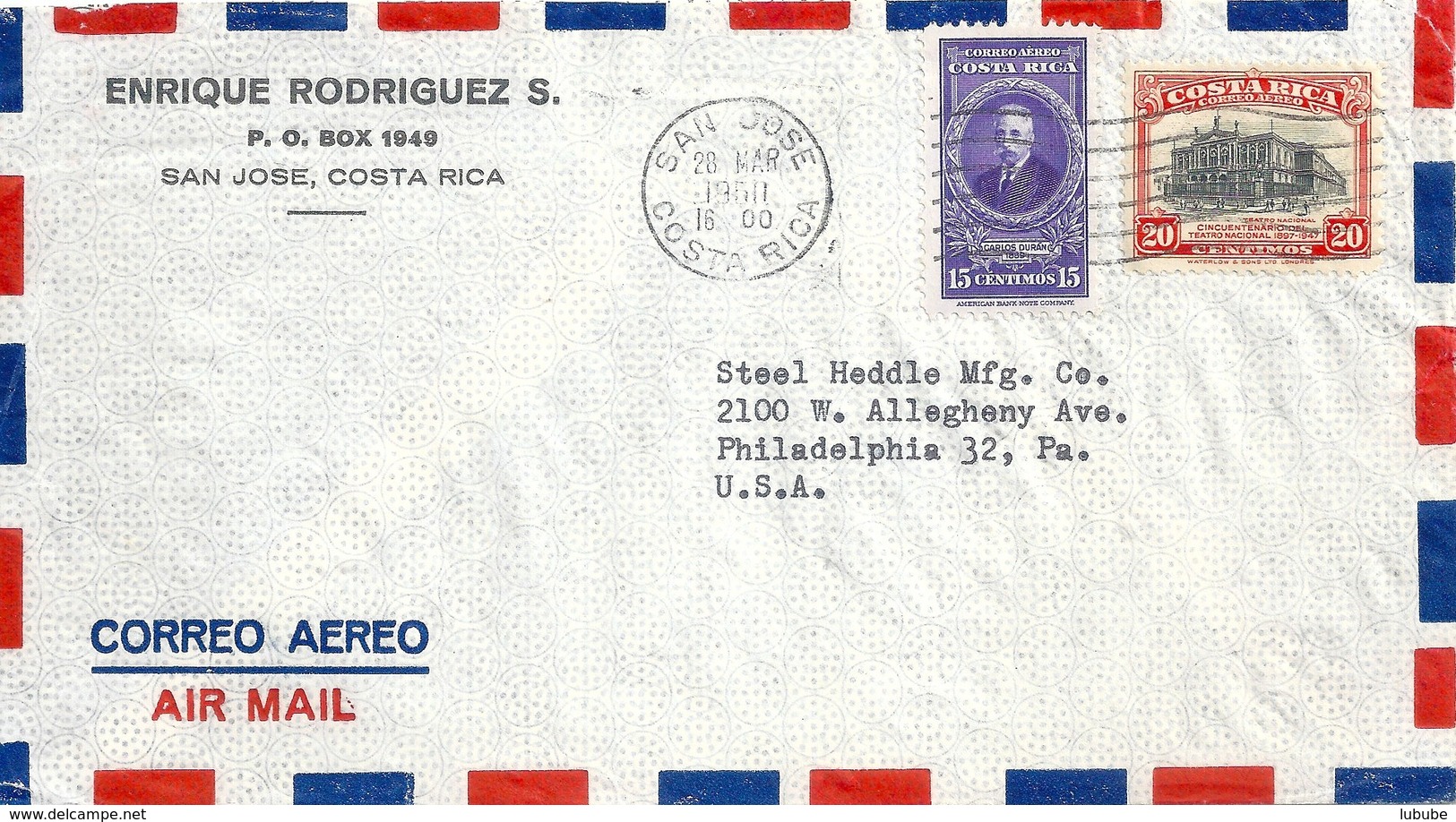 Airmail Brief  "Rodriguez, San José" - Philadelphia           1950 - Costa Rica