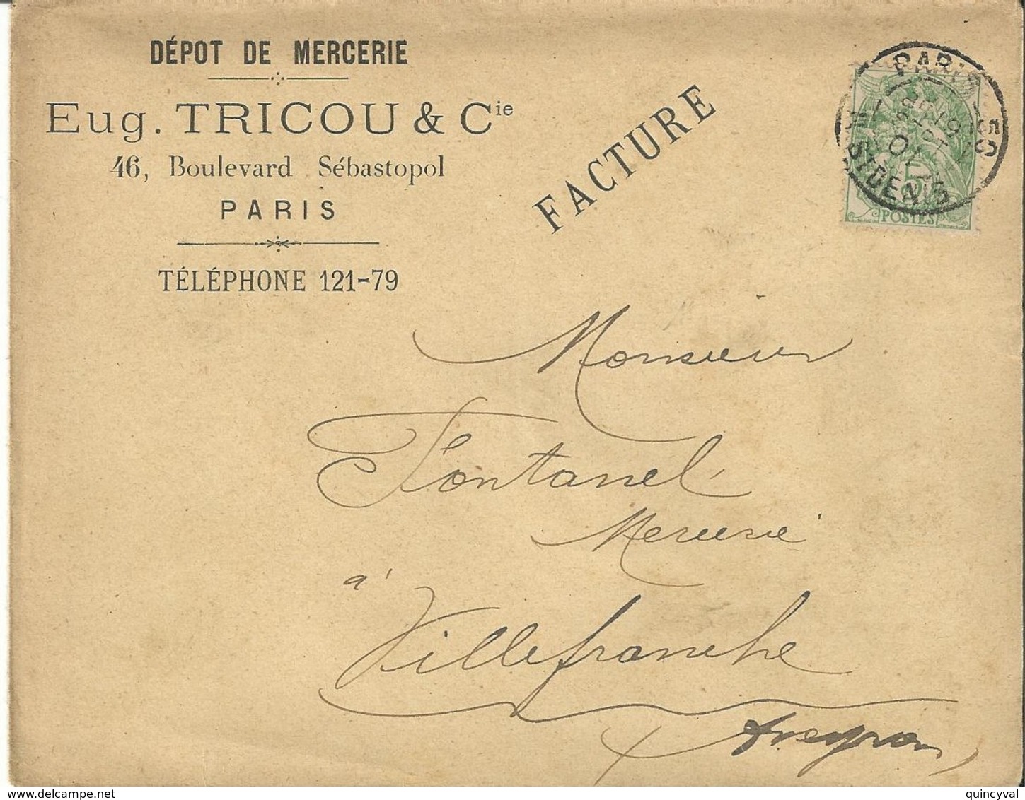 2278 PARIS 50 Rue St Denis 19 9 1901 Facture 5c Blanc Yv 111 Eugéne TRICOU Mercerie Paris - Covers & Documents