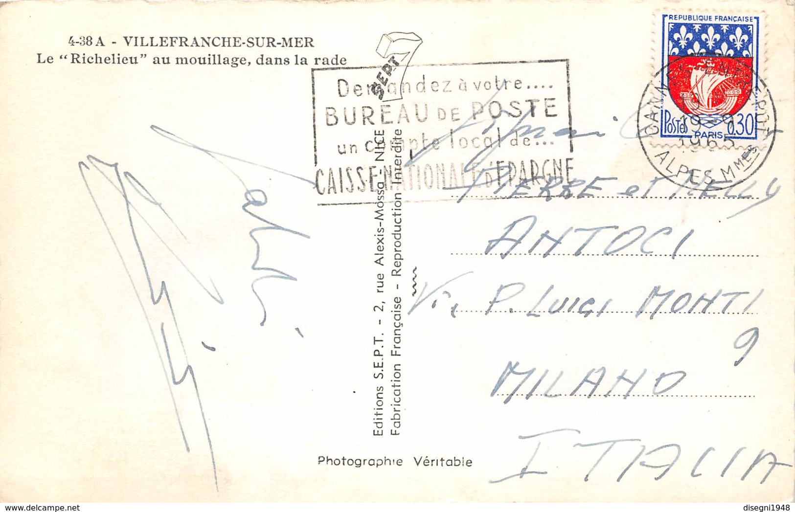 07530 "CUIRASSE' RICHELIEU - 1939 / 1967 - VILLEFRANCHE SUR MER" CART. ORIG. SPED. 1965 - Guerra