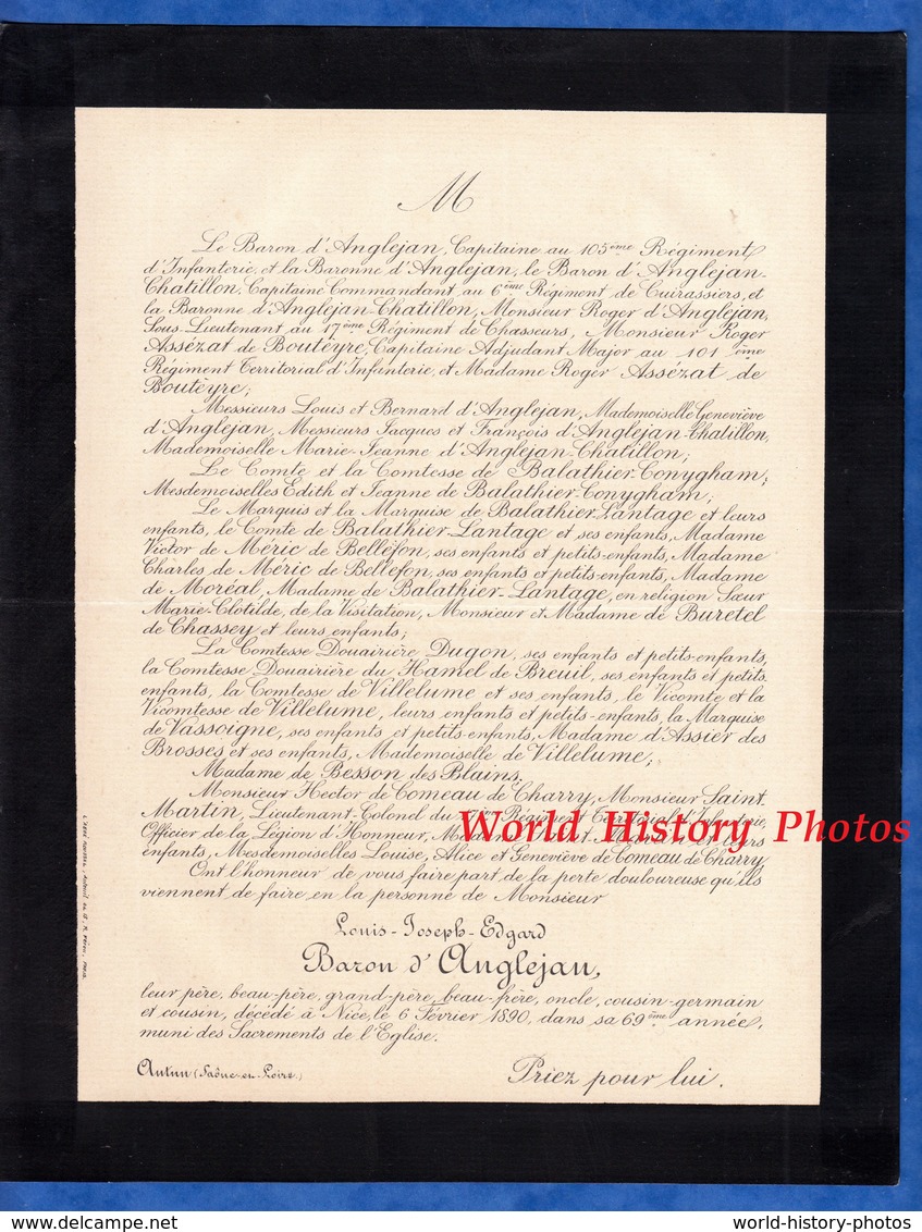 Document De 1890 - AUTUN ( Saone Et Loire ) - Louis Joseph Edgard  Baron D' ANGLEJAN , Décédé à Nice - Documents Historiques