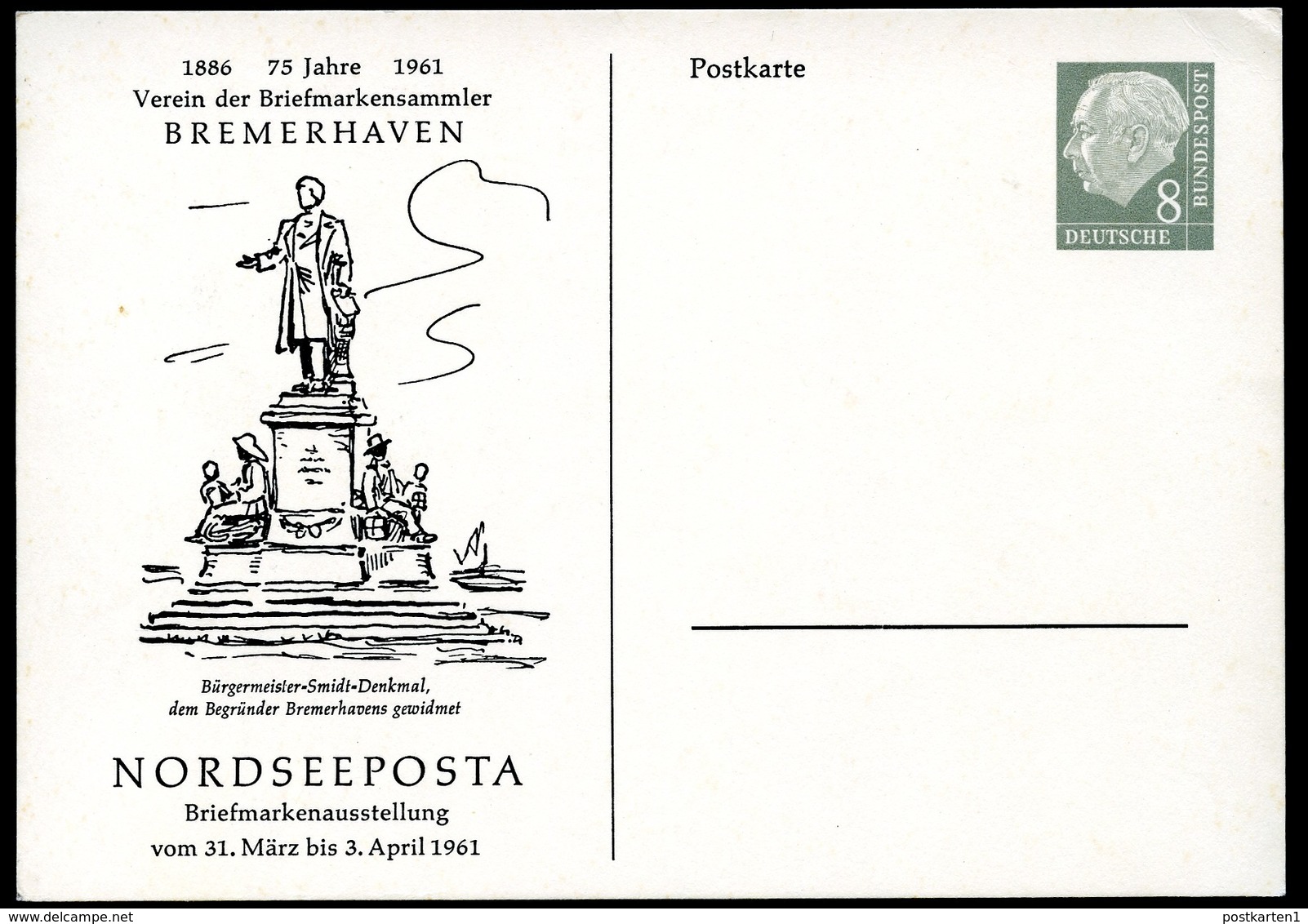 Bund PP7 D2/002a BÜRGERMEISTER-SMIDT-DENKMAL BREMERHAVEN 1961  NGK 10,00€ - Privatpostkarten - Ungebraucht