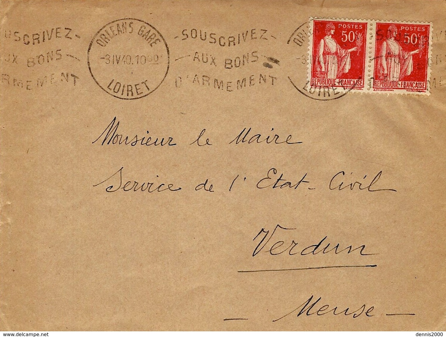 1940- Enveloppe D'Orléans Gare  -flamme- " SOUSCRIVEZ/AUX BONS / / D'ARMEMENT " - Guerra De 1939-45