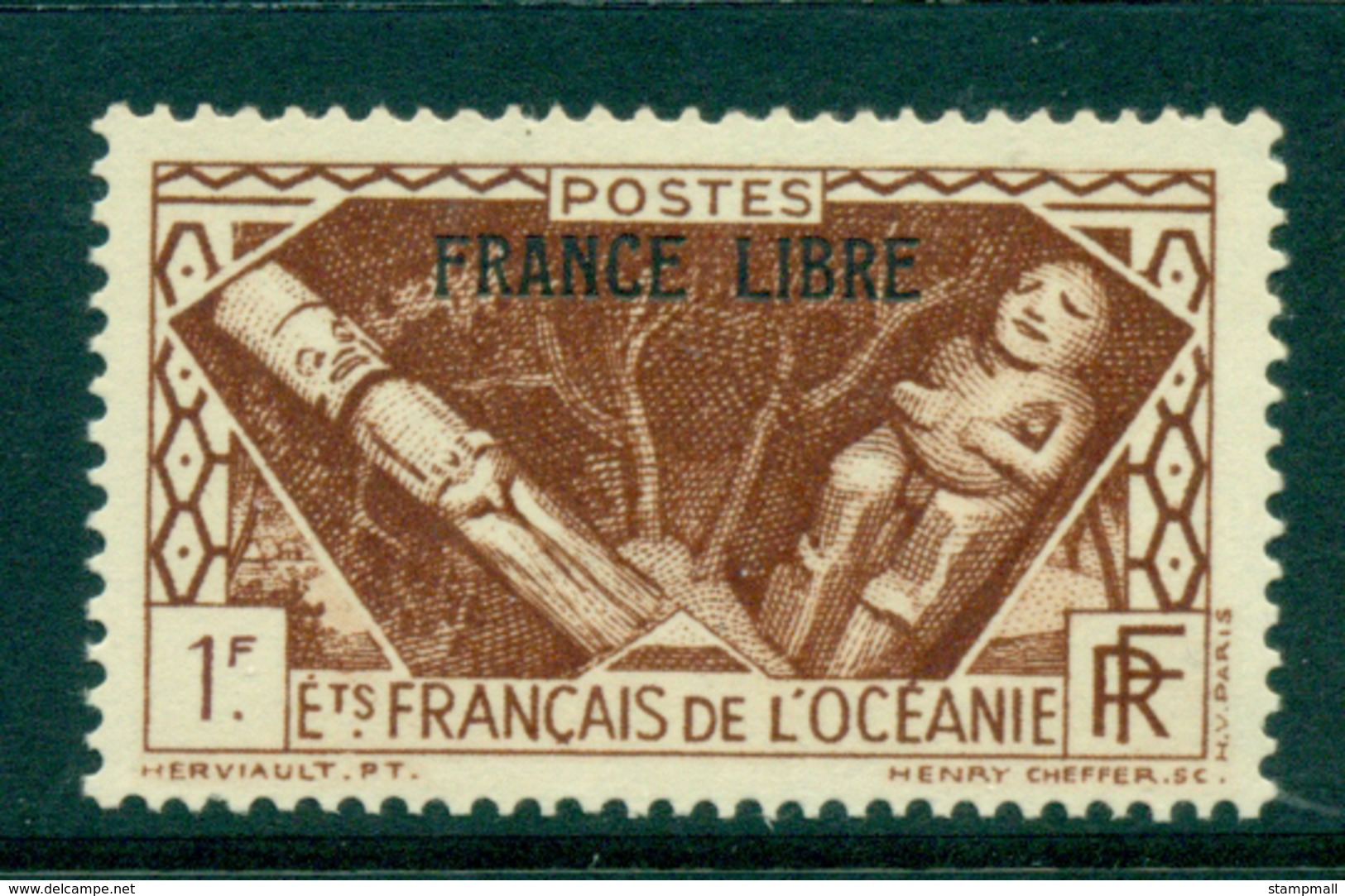 French Polynesia 1941 1fr Idols Opt France Libre MLH Lot38417 - Used Stamps