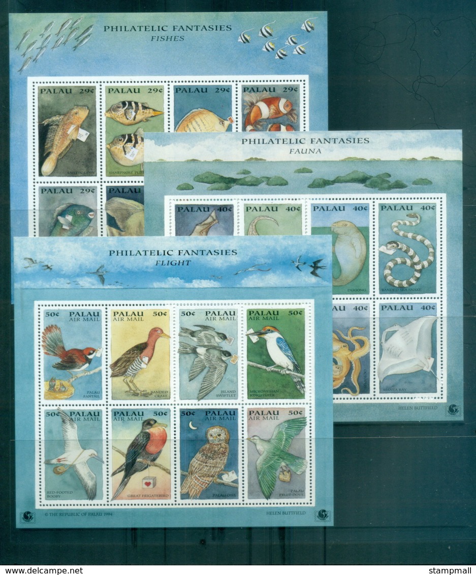 Palau 1994 Philakorea Birds, Fish, Marine Life 3xMS MUH - Palau