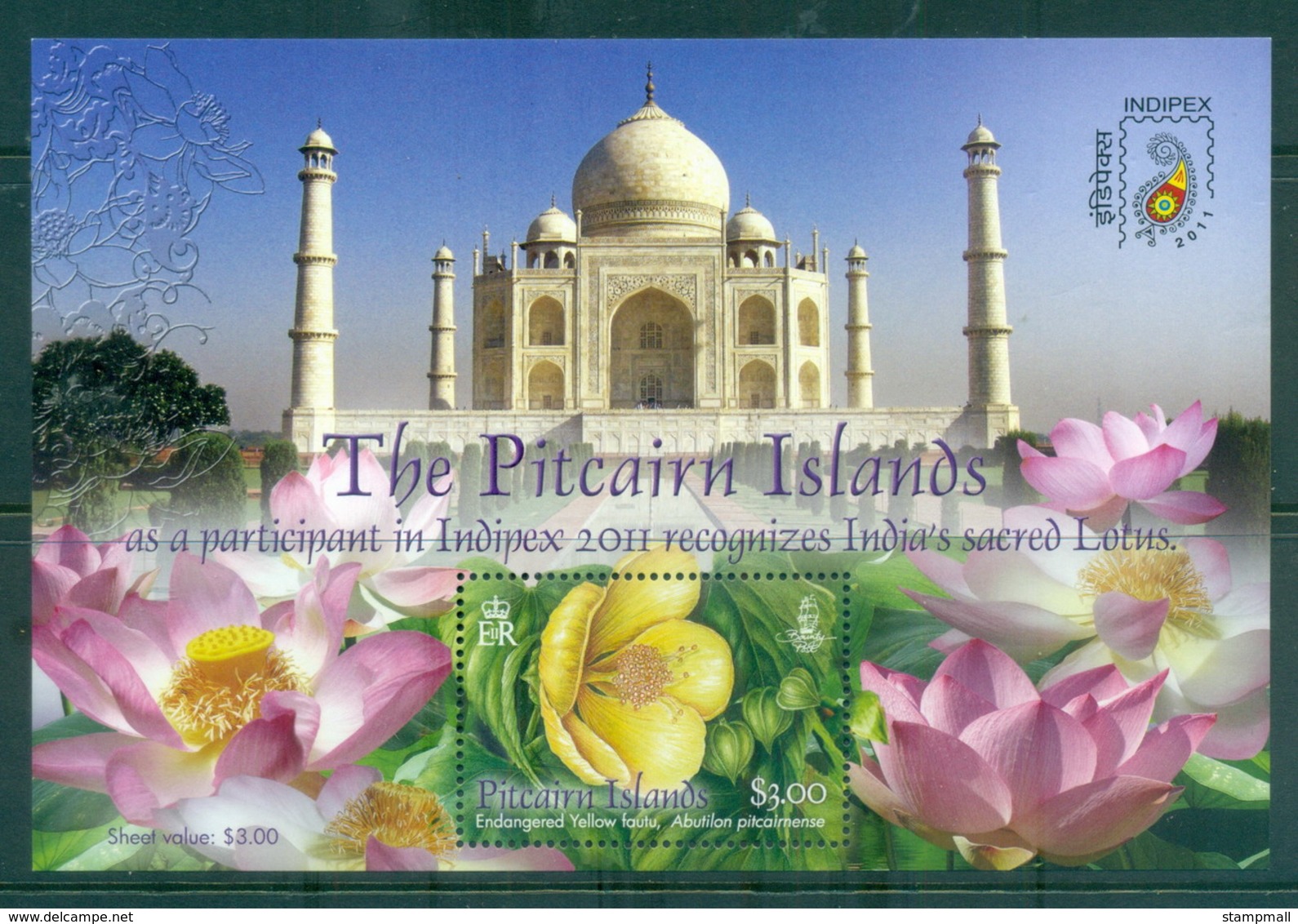 Pitcairn Is 2011 INDIEPEX, Flowers, Lotus Taj Mahal MS MUH - Islas De Pitcairn