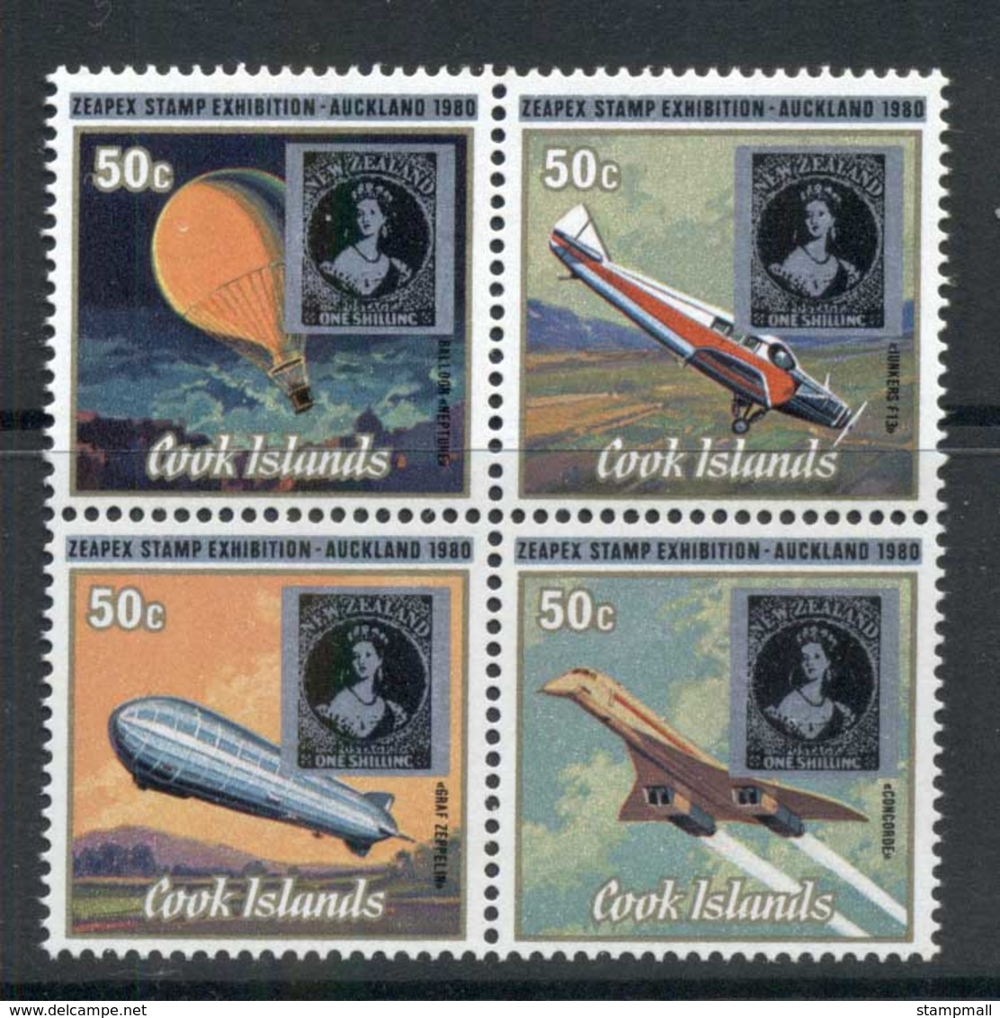 Cook Is 1980 ZEAPEX 50c, Planes Blk4 MUH - Cook Islands