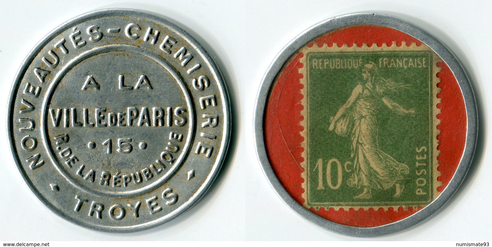 N93-0523 - Timbre-monnaie A La Ville De Paris 10 Centimes - Kapselgeld - Encased Stamp - Monetary / Of Necessity