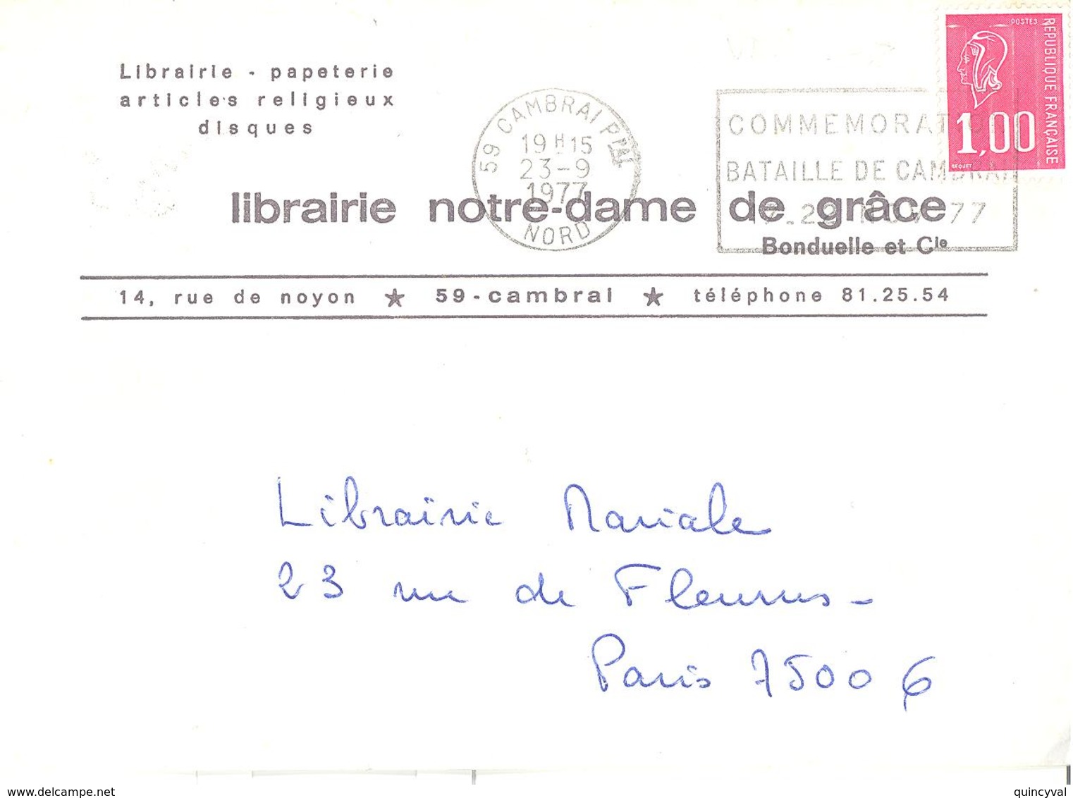 1952  CAMBRAI Nord Lettre Entête Librairie Bonduelle 1 F Bequet Yv 1892 Ob 23 9 1977 Flamme Commémoration Bataille - Storia Postale