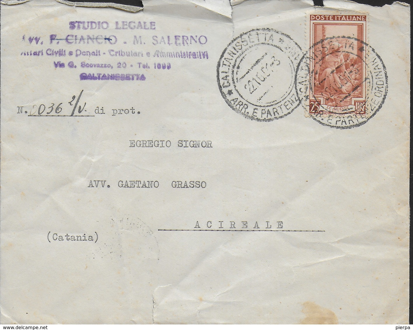 STORIA POSTALE REPUBBLICA - ANNULLO CALTANISSETTA/ARR. E PARTENZE ORDINARIE 22.10.1951 SU BUSTA PER ACIREALE (CT) - 1946-60: Storia Postale