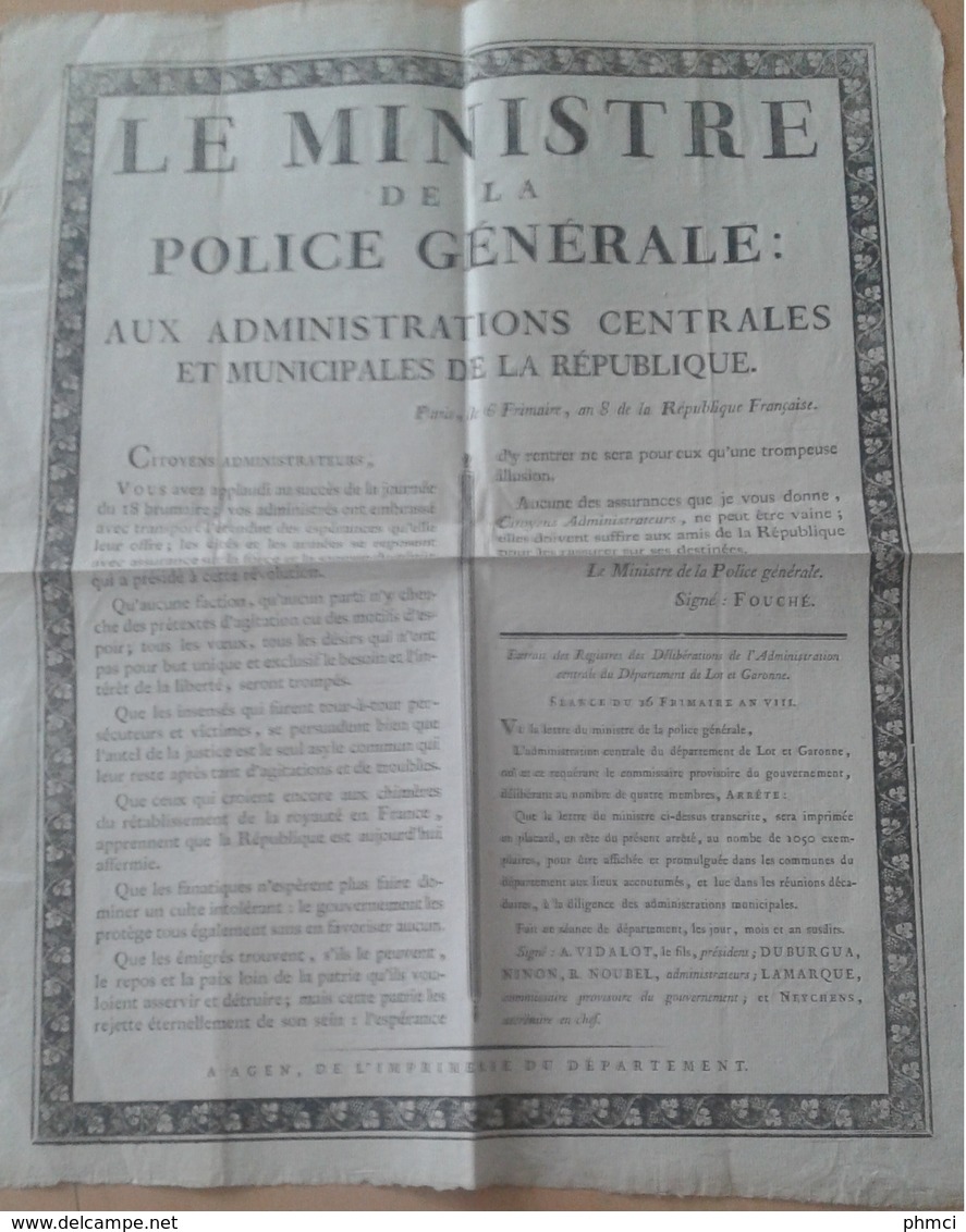 Affiche Du Ministre De La Police Générale Fouché Du 6 Frimaire An 8 De La République Française - Affiches