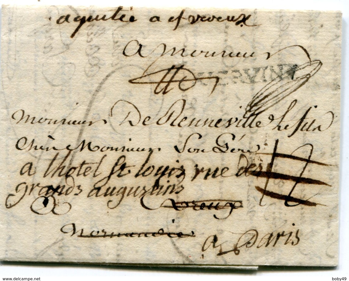 AISNE De VERVINS LAC Du 11/05/1779 Lenain N°4 Taxée 12 Pour EVREUX  Puis PORT PAYE   "acquittée A Evreux" Pour PARIS - 1701-1800: Vorläufer XVIII