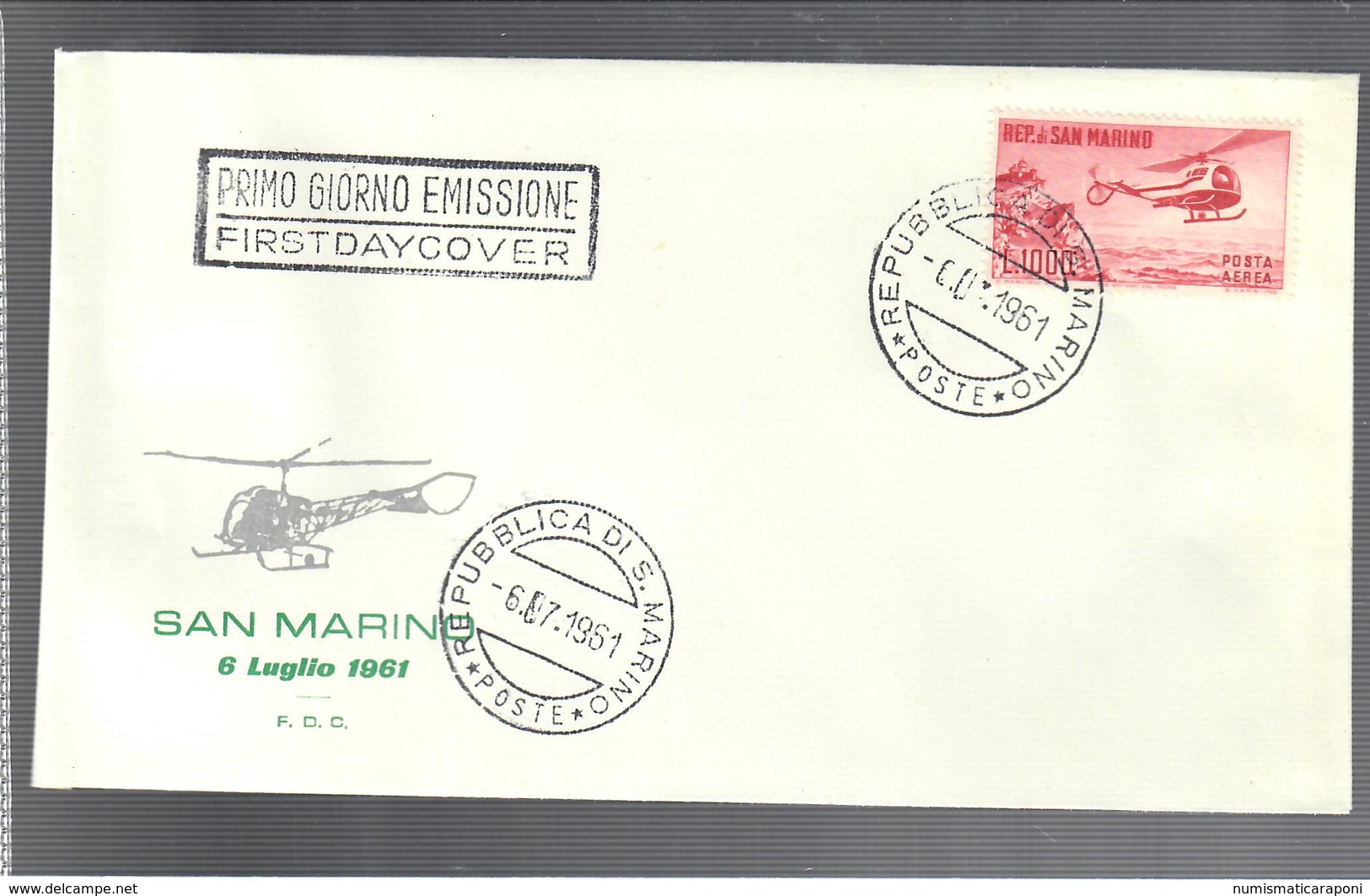 San Marino 1961 Busta Primo Giorno Elicottero P.A. N°138 Cod.busta.231 - Storia Postale