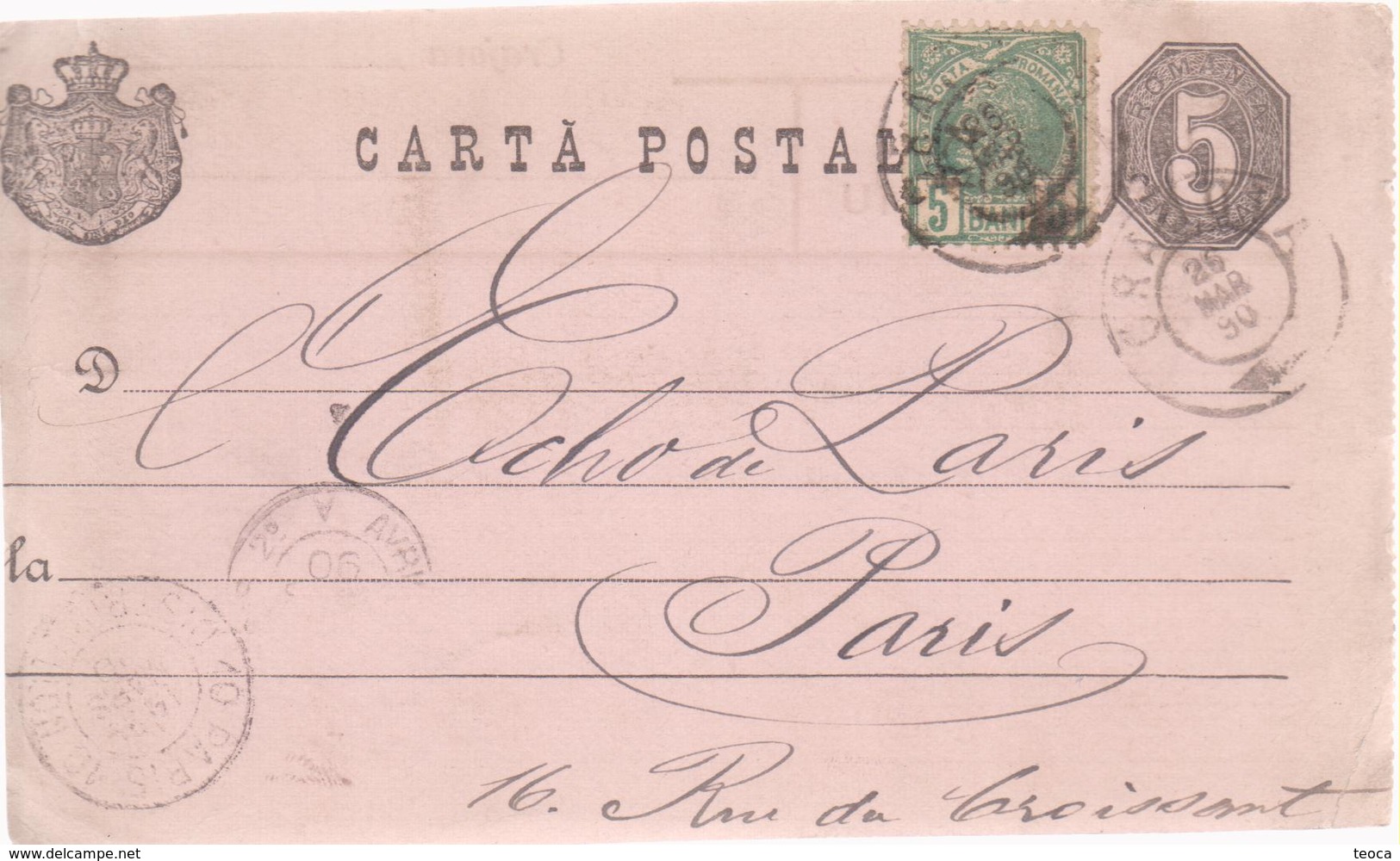 POST CARD 1890  ROMANIA, CANCEL CRAJOVA AT PARIS, WITH ANTET ``LIBRARIA CENTRALA FILIP LAZAR SI FIU``, WITH ON MARKE CA - 1858-1880 Fürstentum Moldau
