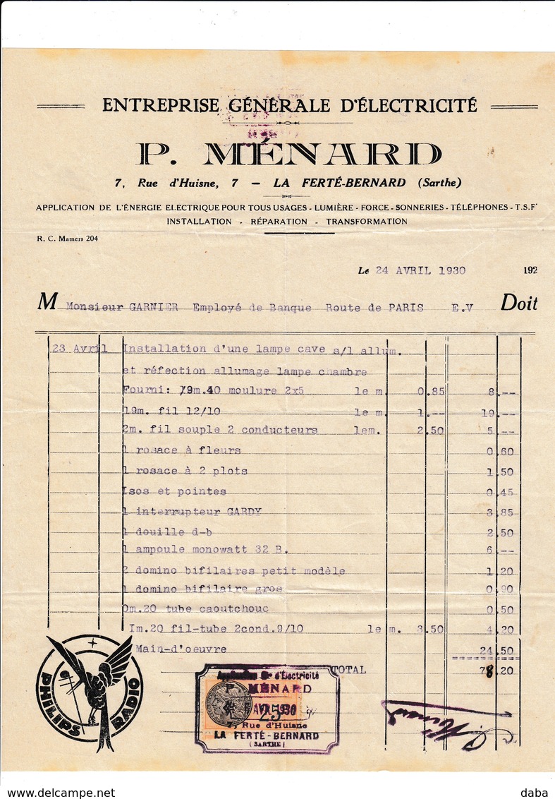 Facture.  Ménard.  Electricité. La Ferté Bernard - Electricité & Gaz