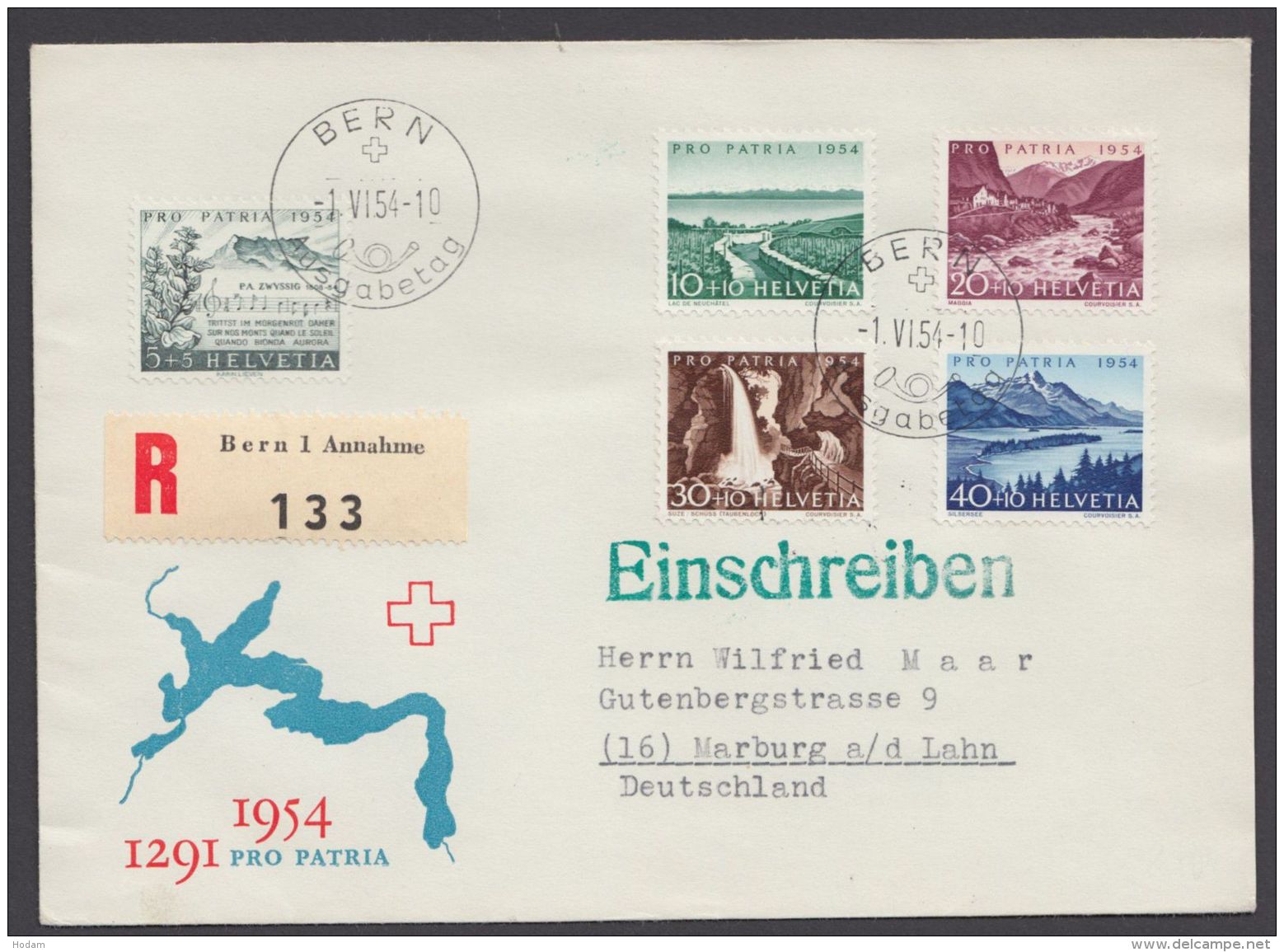 597/601, "Pro Patria", 1954, R-FDC Nach Deutschland, Mit Ankunft - Briefe U. Dokumente