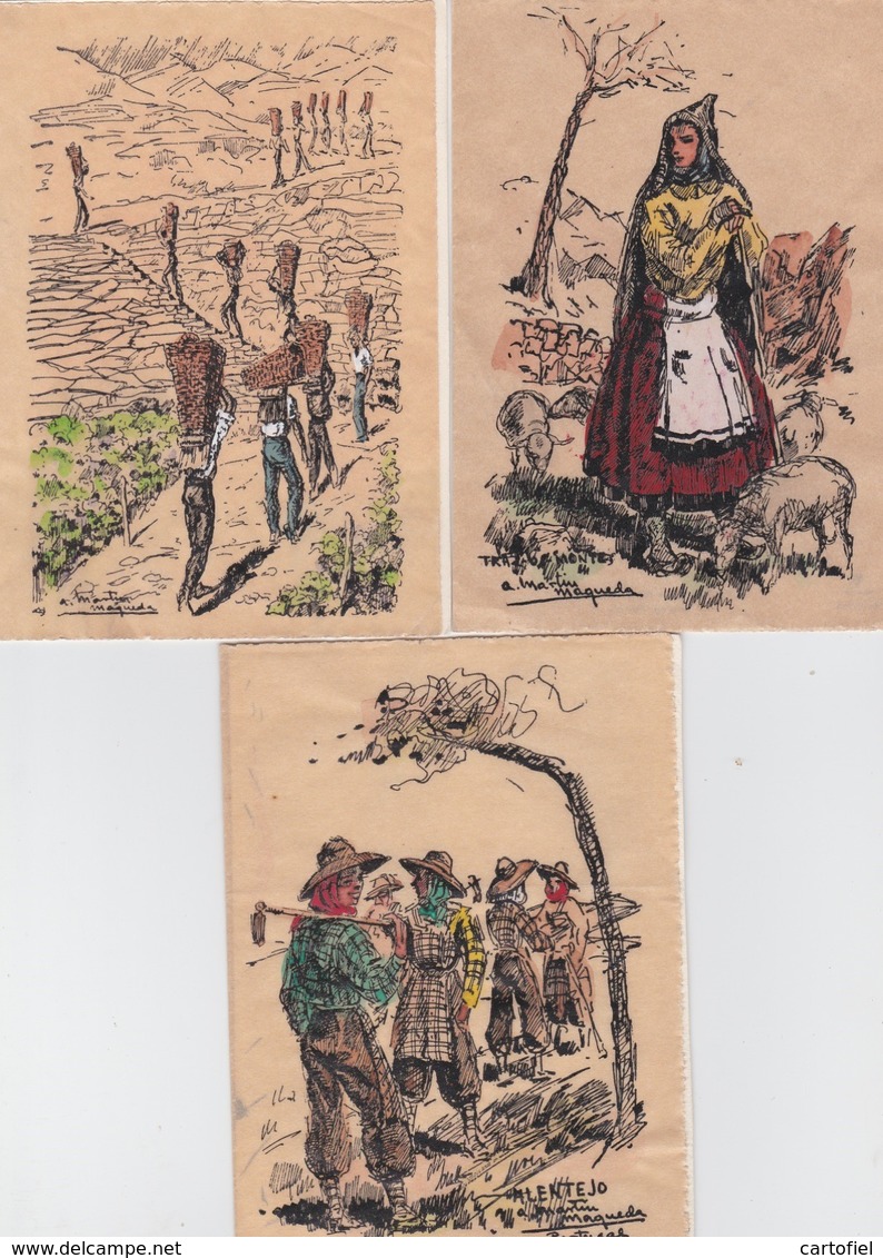 PORTUGAL-A.MARTIN MAQUEDA-LOT-3 REAL COLORED ILLUSTRATED CARDS-ART-LOOK AT 2 SCANS-GOOD CONDITION-LITTLE PRICE ! ! ! - Autres & Non Classés