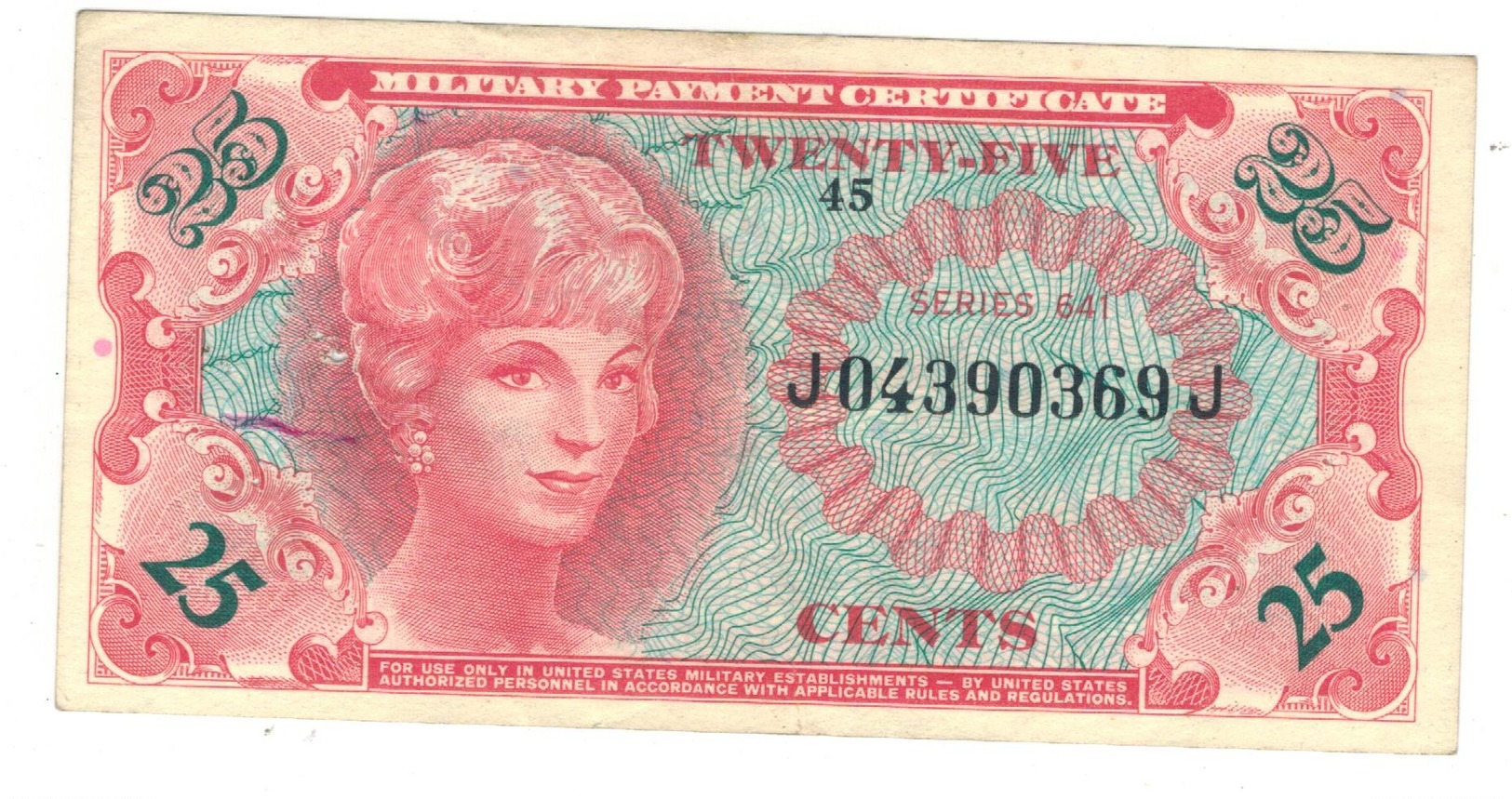 U.S.A. Military Payment Certificate, 25 Cents, Series 641, XF (w/ Pinholes, See Scan) - 1965-1968 - Series 641