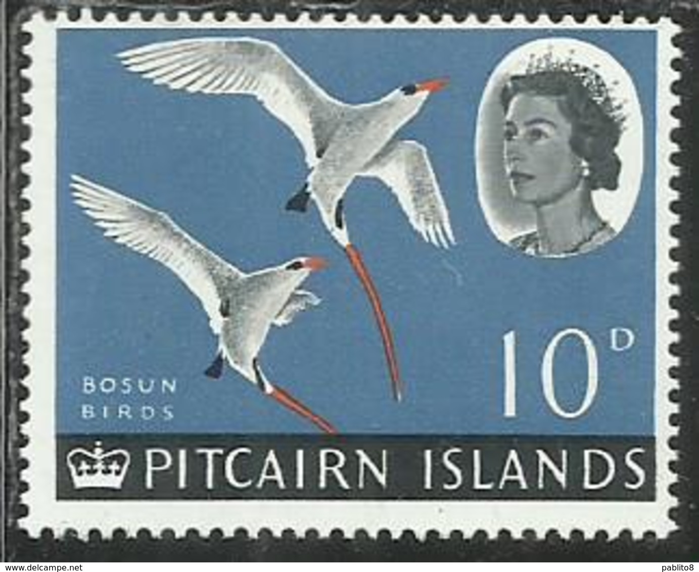 PITCAIRN ISLANDS ISOLE 1964 1965 DEFINITIVES RED-TAYLED TROPIC BIRDS BIRD UCCELLO FAUNA 10p MNH - Pitcairn