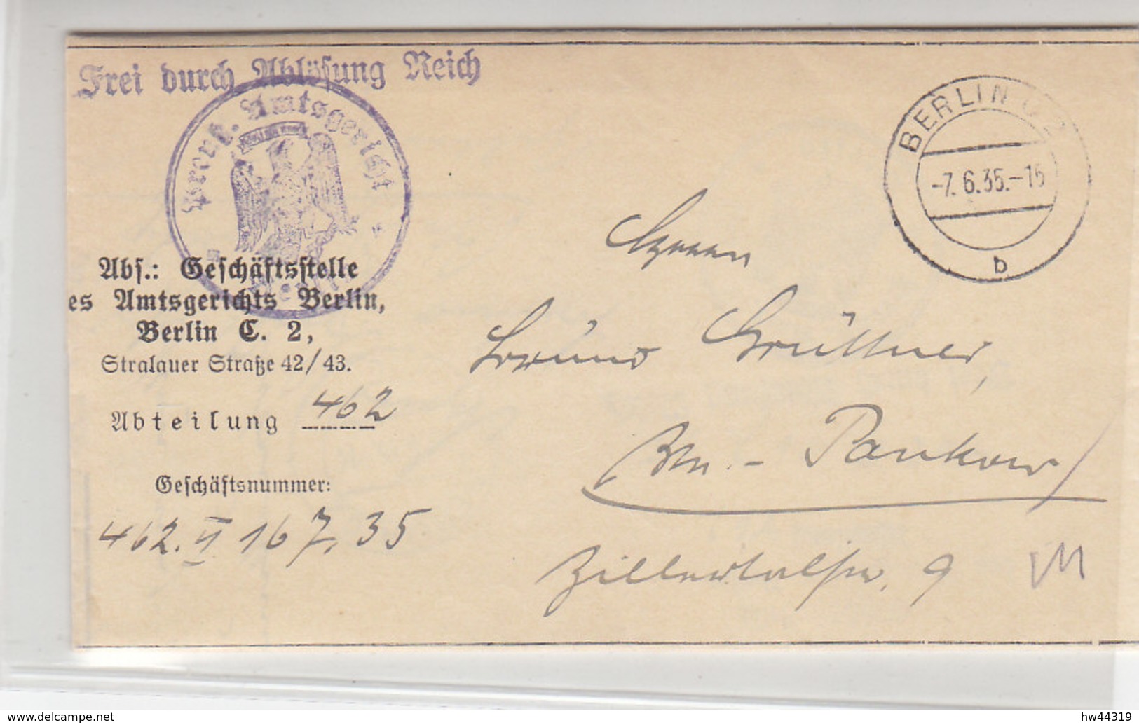 Brief FREI DURCH ABLÖSUNG REICH Aus BERLIN 7.6.35 Hinten Vignette - Briefe U. Dokumente