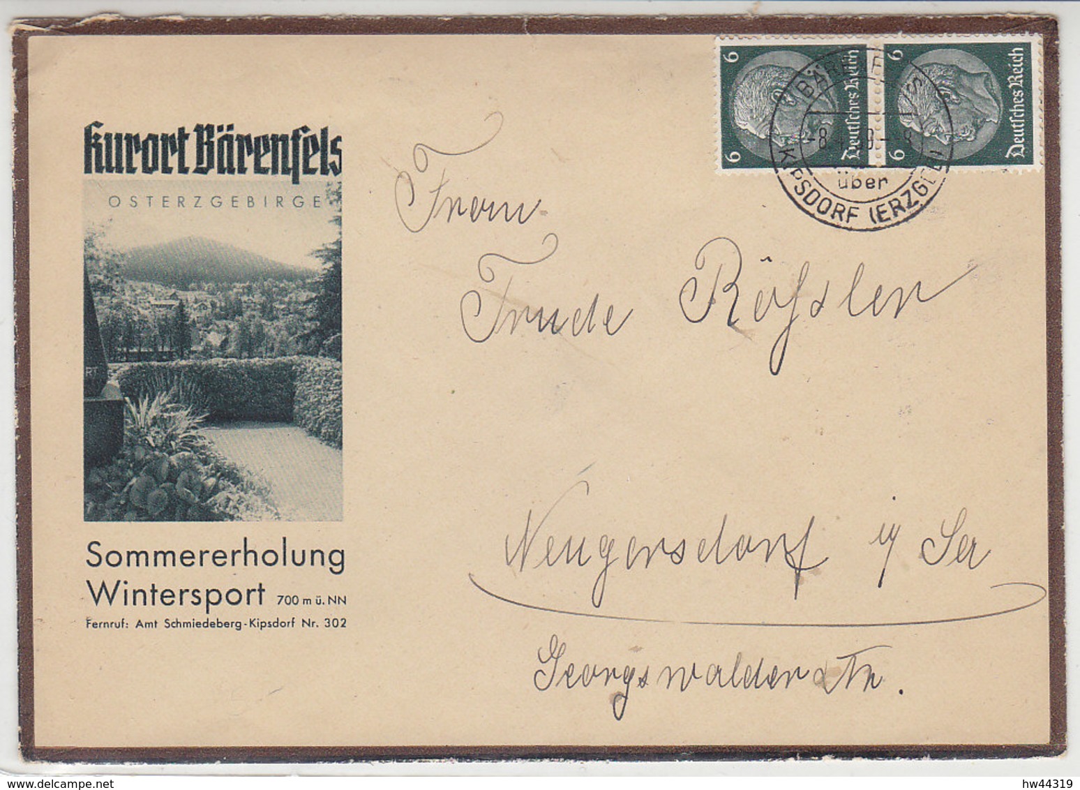 LANDPOST Bärenfels über Kipsdorf 8.4.39 Rückseite - Briefe U. Dokumente