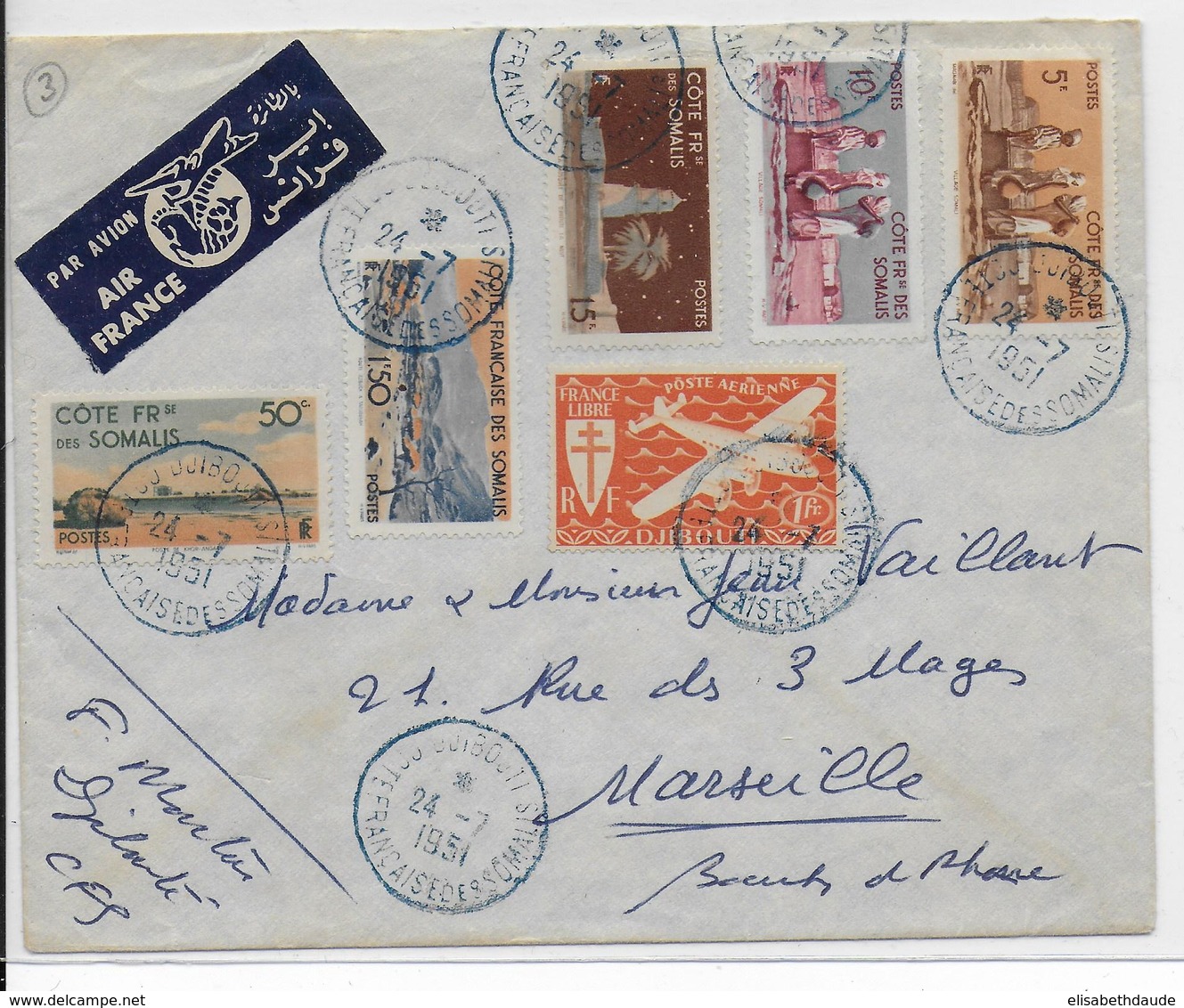 SOMALIS - 1951 - ENVELOPPE  AVION AIR FRANCE De DJIBOUTI  => MARSEILLE - Lettres & Documents