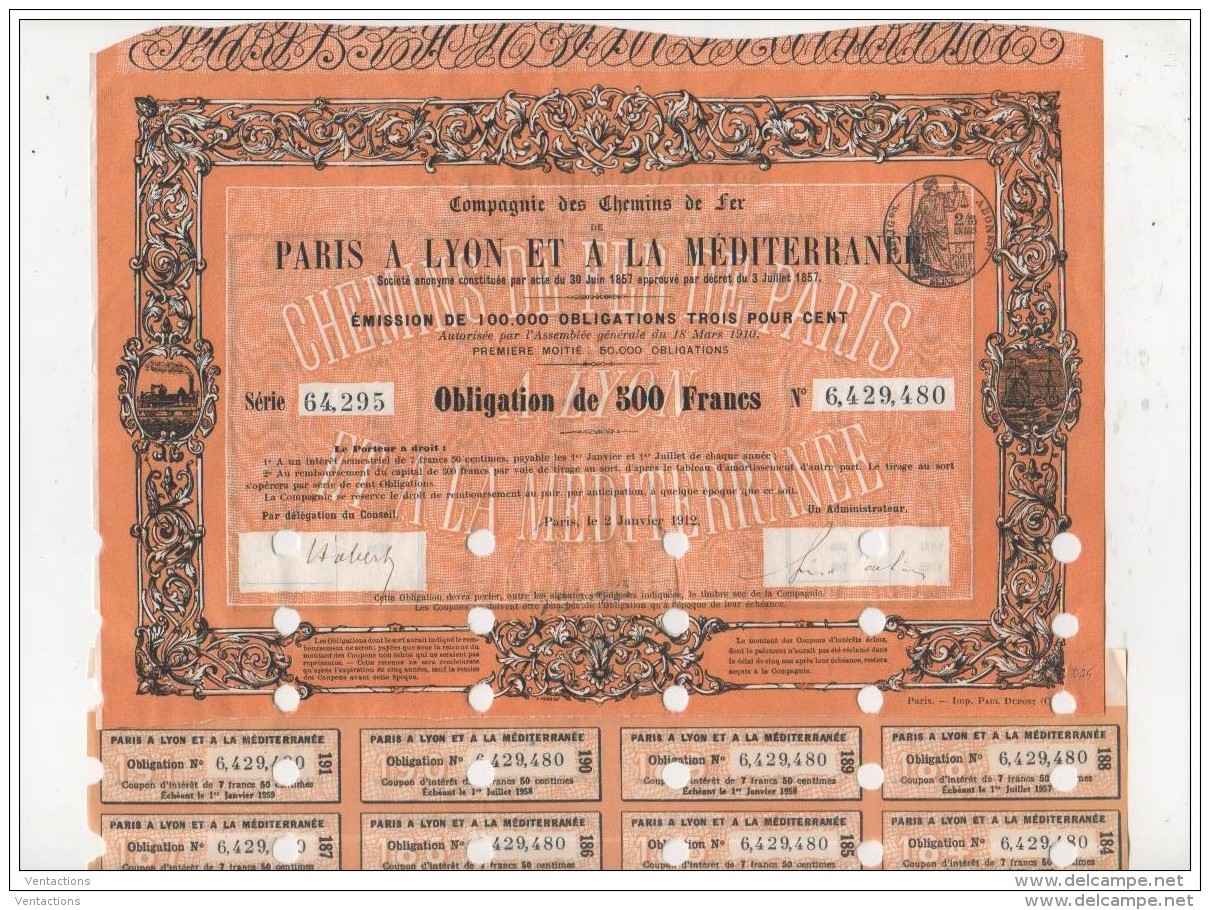 13-CHEMINS DE FER DE PARIS LYON MEDITERRANEE. 1912. Oblig 500 F. AG 1910. Orange - Autres & Non Classés