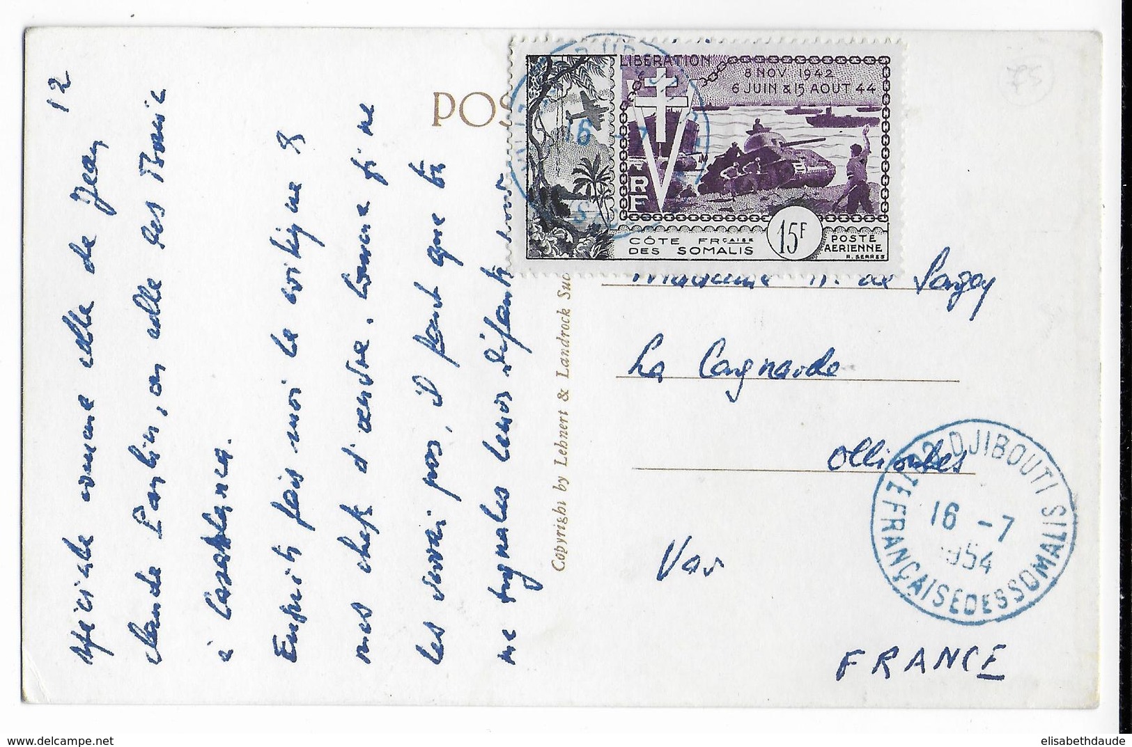 SOMALIS - 1954 - YT PA 24 SEUL Sur CARTE De DJIBOUTI  => OLLIOULES (VAR) - Lettres & Documents