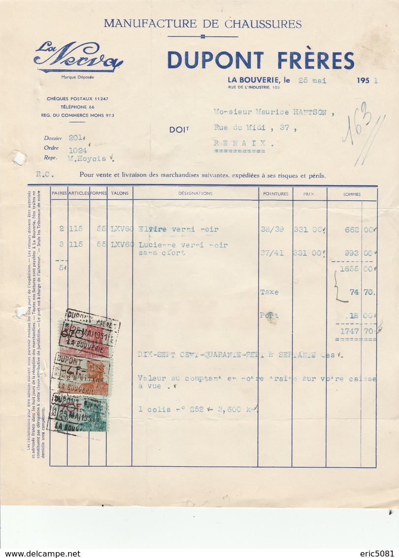 Factuur Schoenfabriek Dupont La Bouverie 1951 - 1950 - ...