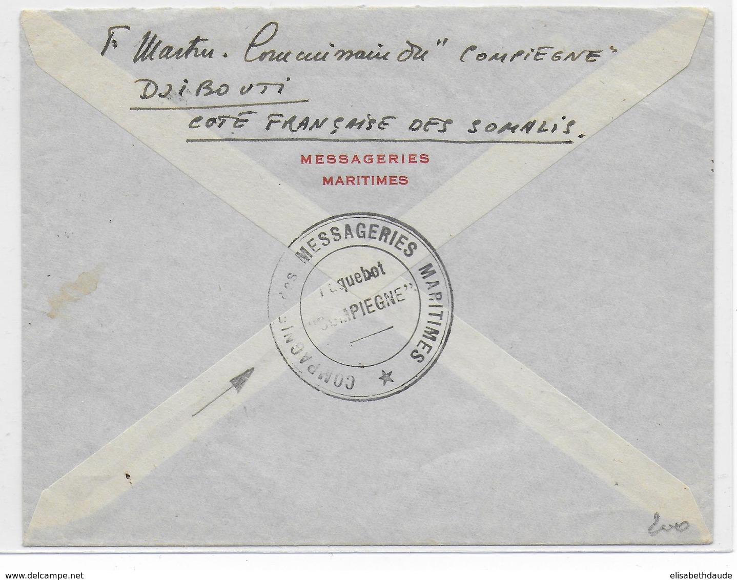 SOMALIS - 1952 - YT 284 SEUL Sur LETTRE Par AVION De DJIBOUTI (CACHET Du PAQUEBOT "COMPIEGNE" AU DOS) => MARSEILLE - Lettres & Documents