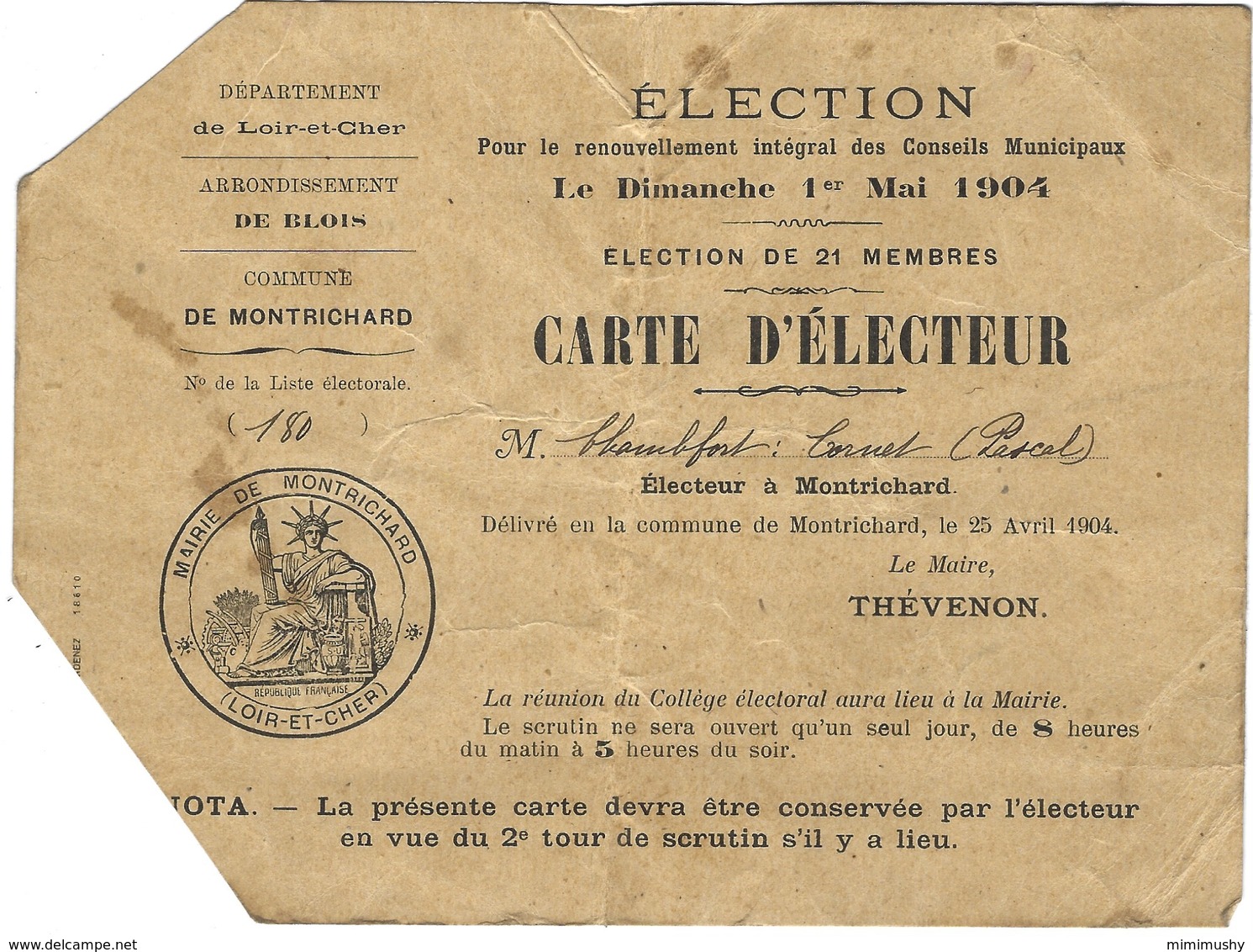 Carte D'électeur - élection Pour Le Renouvellement Intégral Des Conseils Municipaux à Montrichard 1er Mai 1904 - Sin Clasificación