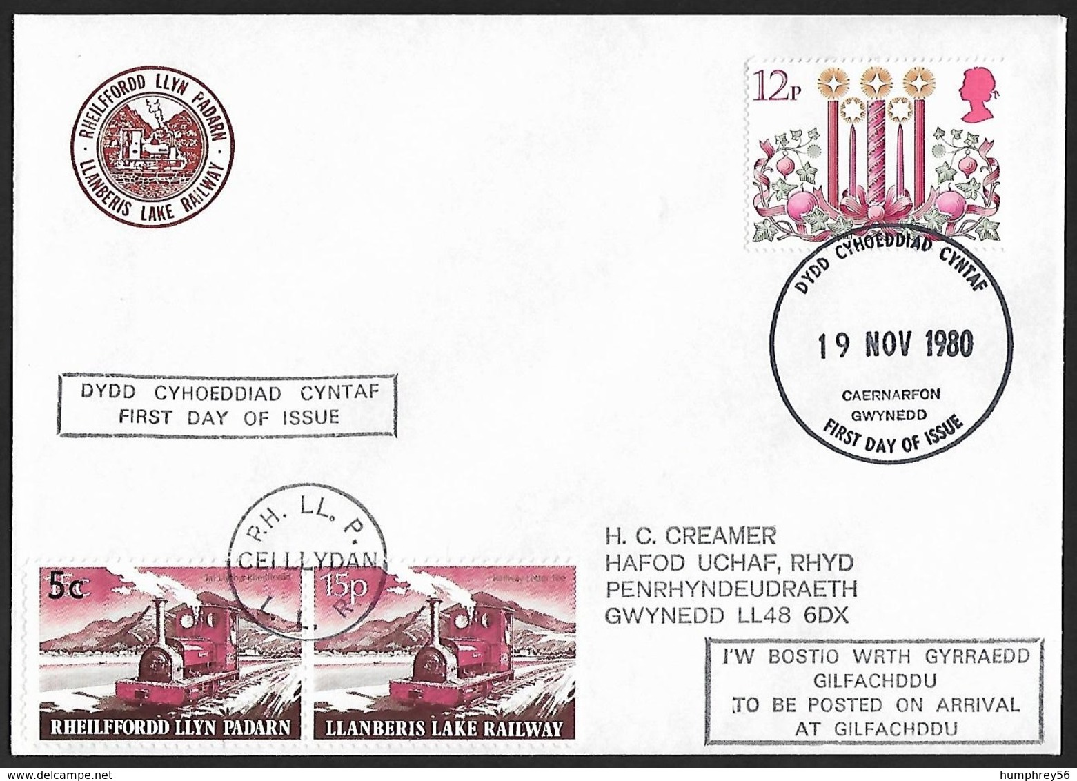 1980 - GREAT BRITAIN - FDC Llanberis Lake Railway - SG 1139+Railway + DYDD CYHOEDDIAD CYNTAF - Railway & Parcel Post