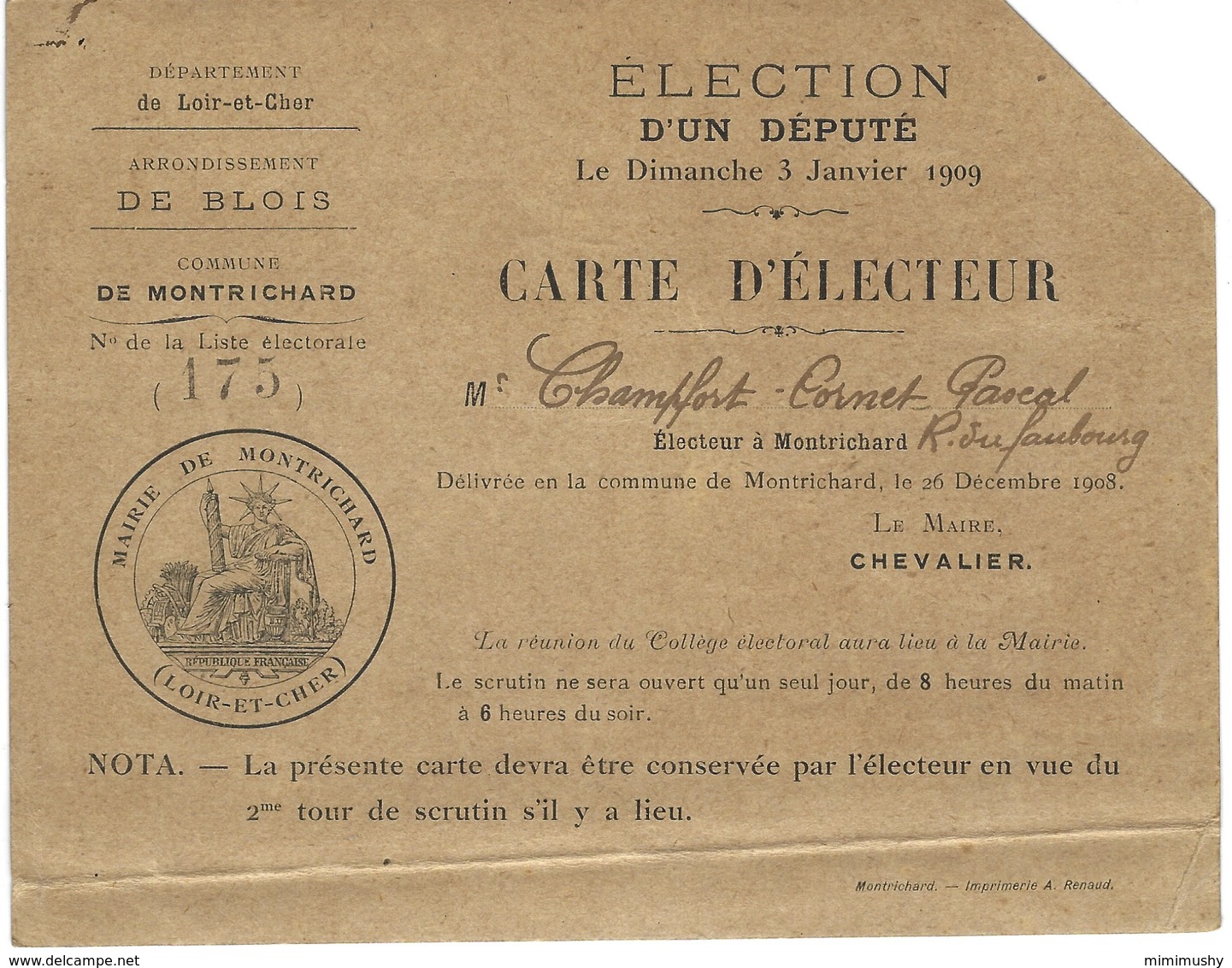 Carte D'électeur - élection D'un Député Le 3 Janvier 1909 à Montrichard - Non Classés