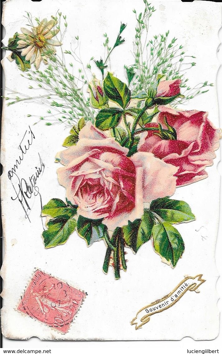 CARTE  FANTAISIE -  ANNEE 1907 -     -  DECOUPI DE ROSES    :  CIRCULEE  - - Fleurs