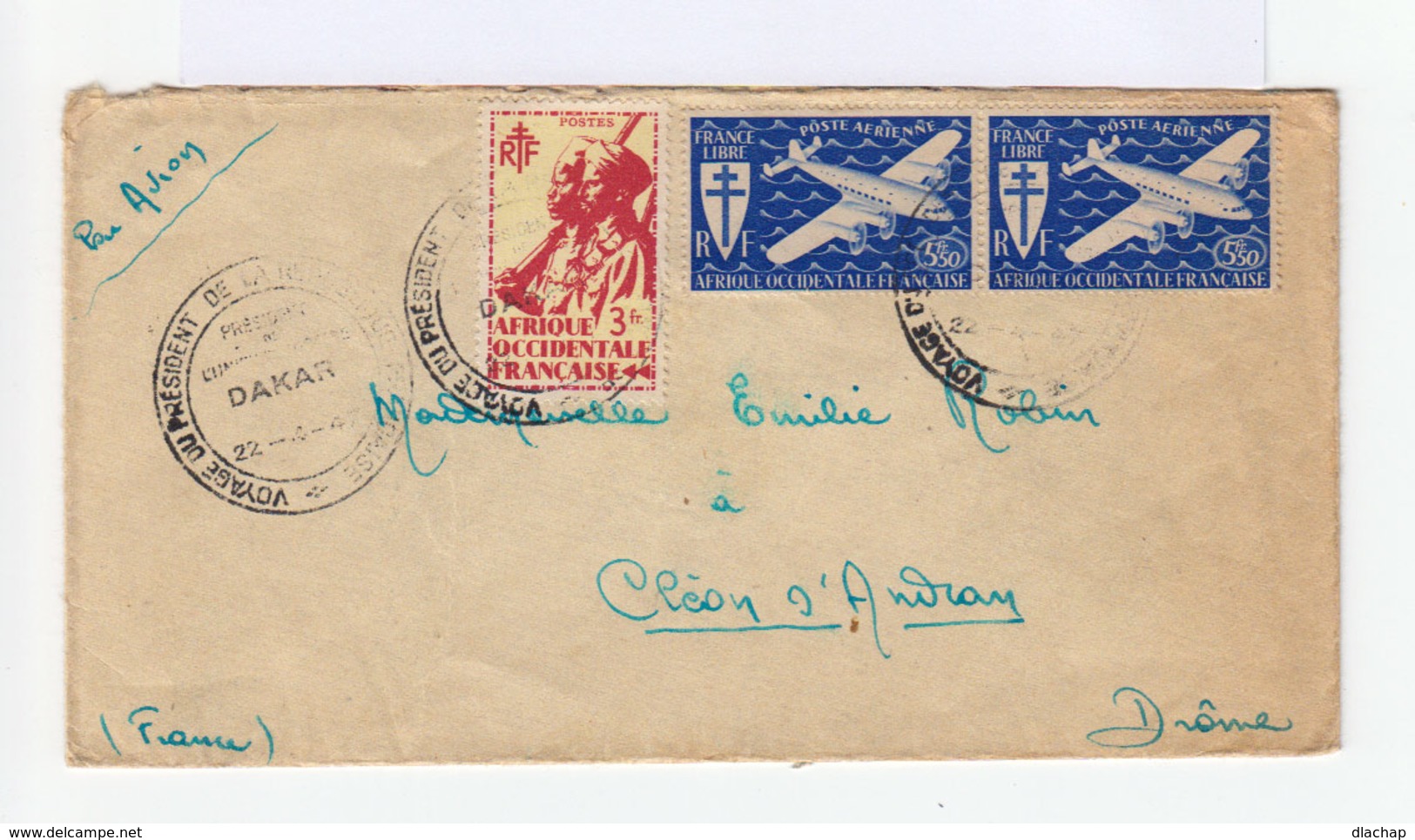Sur Enveloppe Par Avion Paire Poste Aérienne France Libre Et Un Tirailleur Sénégalais 3 Fr. CAD 1947 . (739) - Lettres & Documents