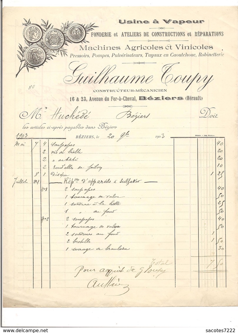 10 FACTURES BEZIERS : VINS Domaine St Joseph fûts machines vinicoles cuivre bronze futailles...(avant et après 1900)