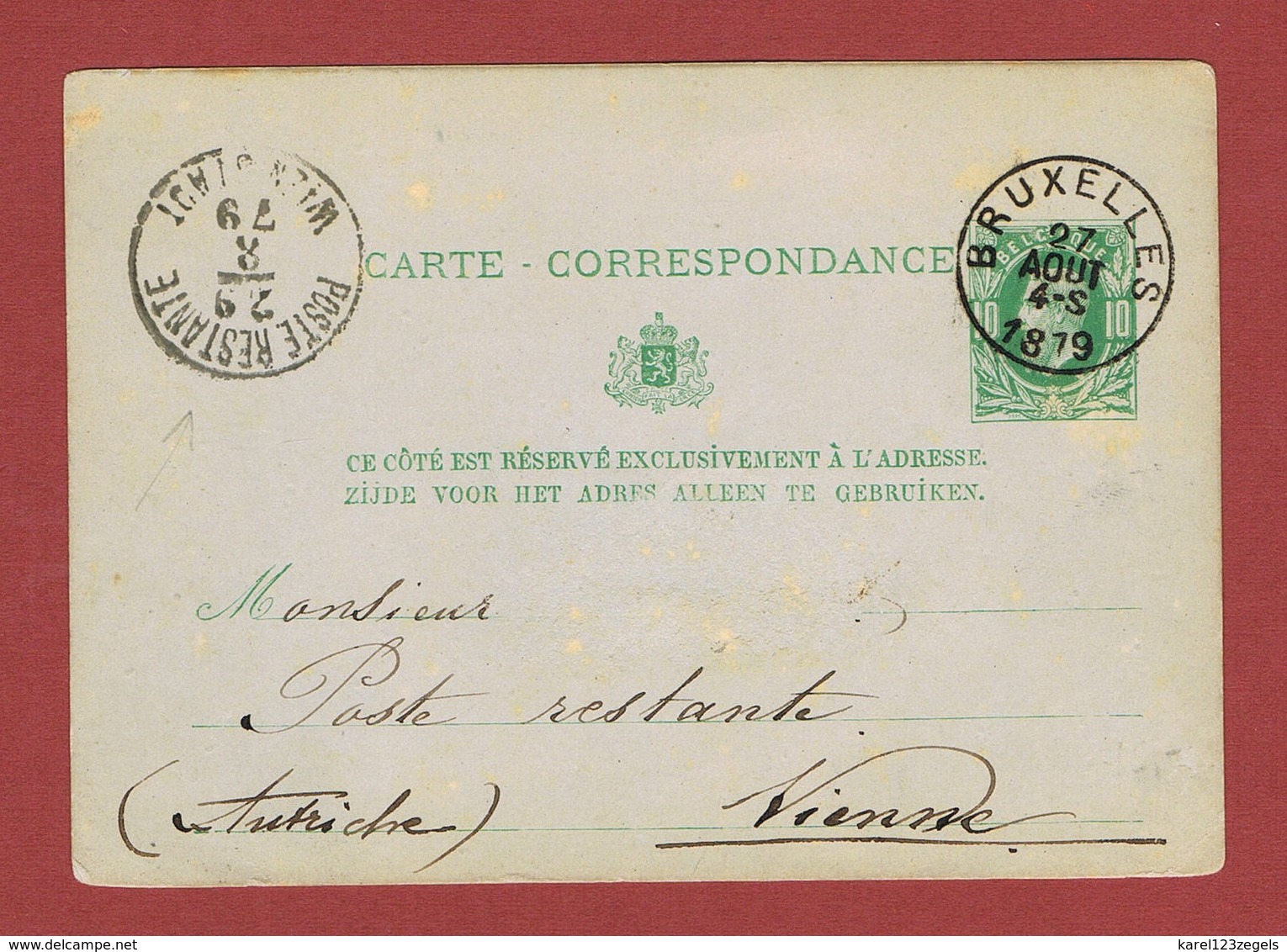 Postlagernd: Postkarte Brüssel 1879  - "Wien Stadt Poste Restante" - Storia Postale