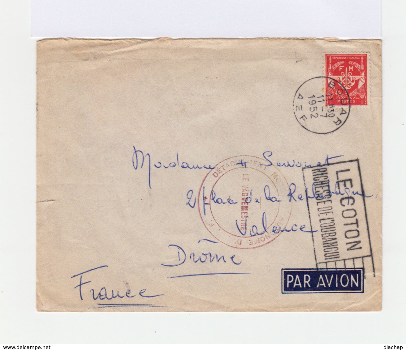 Sur Enveloppe Par Avion Timbre FM. CAD Bouar 1952. Tampon Détachement Motorisé. (735) - Lettres & Documents