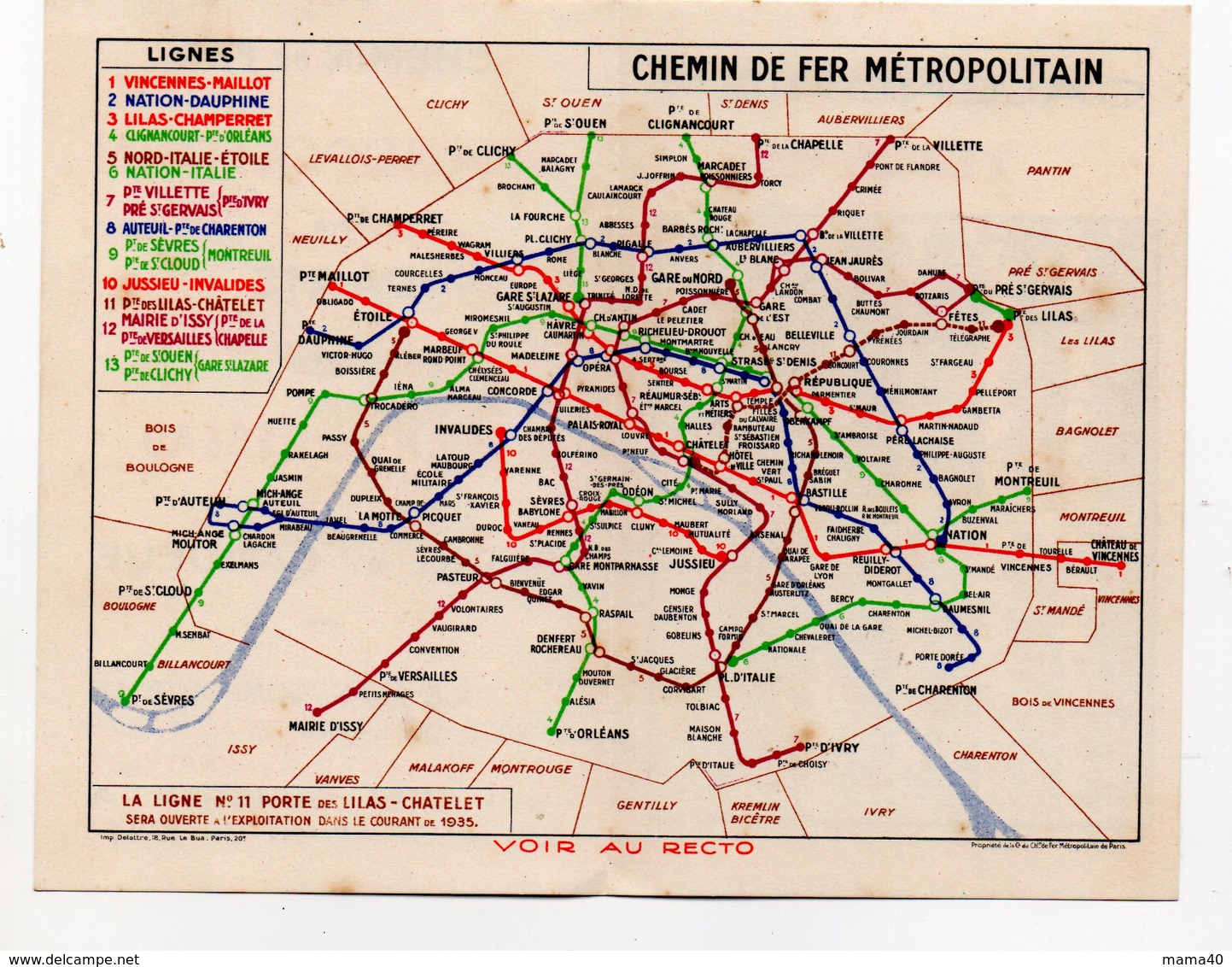 PLAN DU METRO DE PARIS  - ANNONCE DE L'OUVERTURE LIGNE N°11 LILAS CHATELET - AVEC AU RECTO CALENDRIER DE 1935 - Petit Format : 1921-40