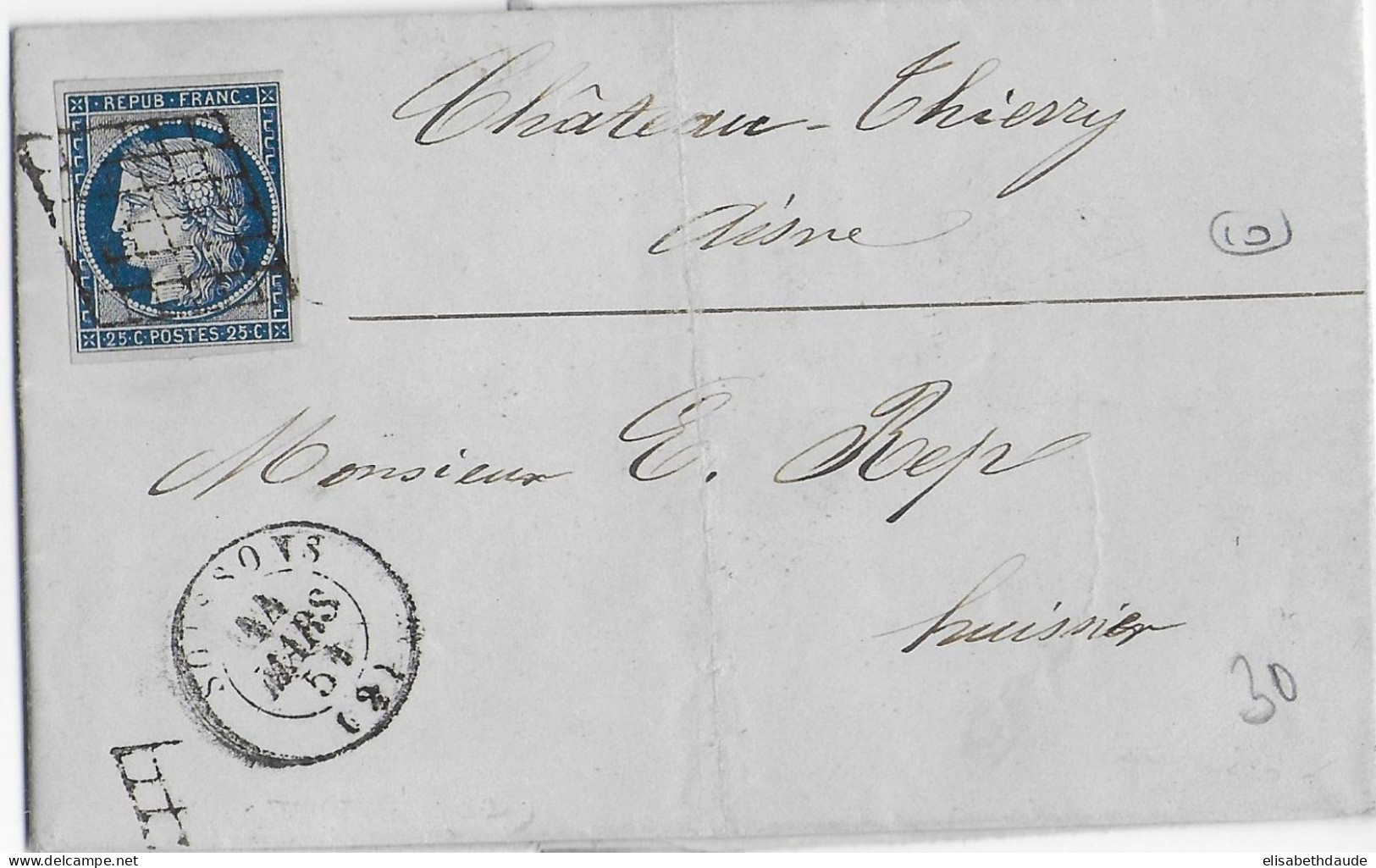 1851 - CERES SUP Sur LETTRE De SOISSONS (AISNE) Avec GRILLE => CHATEAU-THIERRY - 1849-1850 Cérès