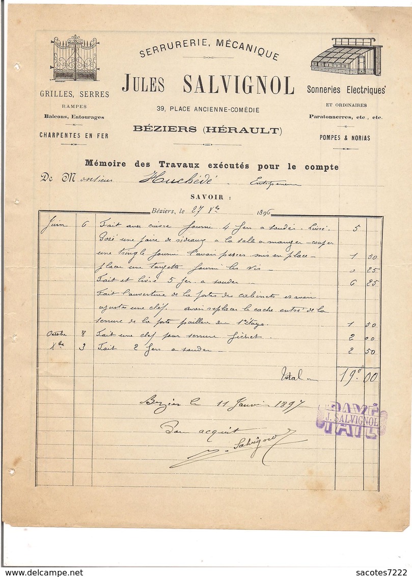 21 FACTURES BEZIERS :Poudre,quincaillerie mercerie bois serrurerie transport bijouterie électricité Wagons foudres....