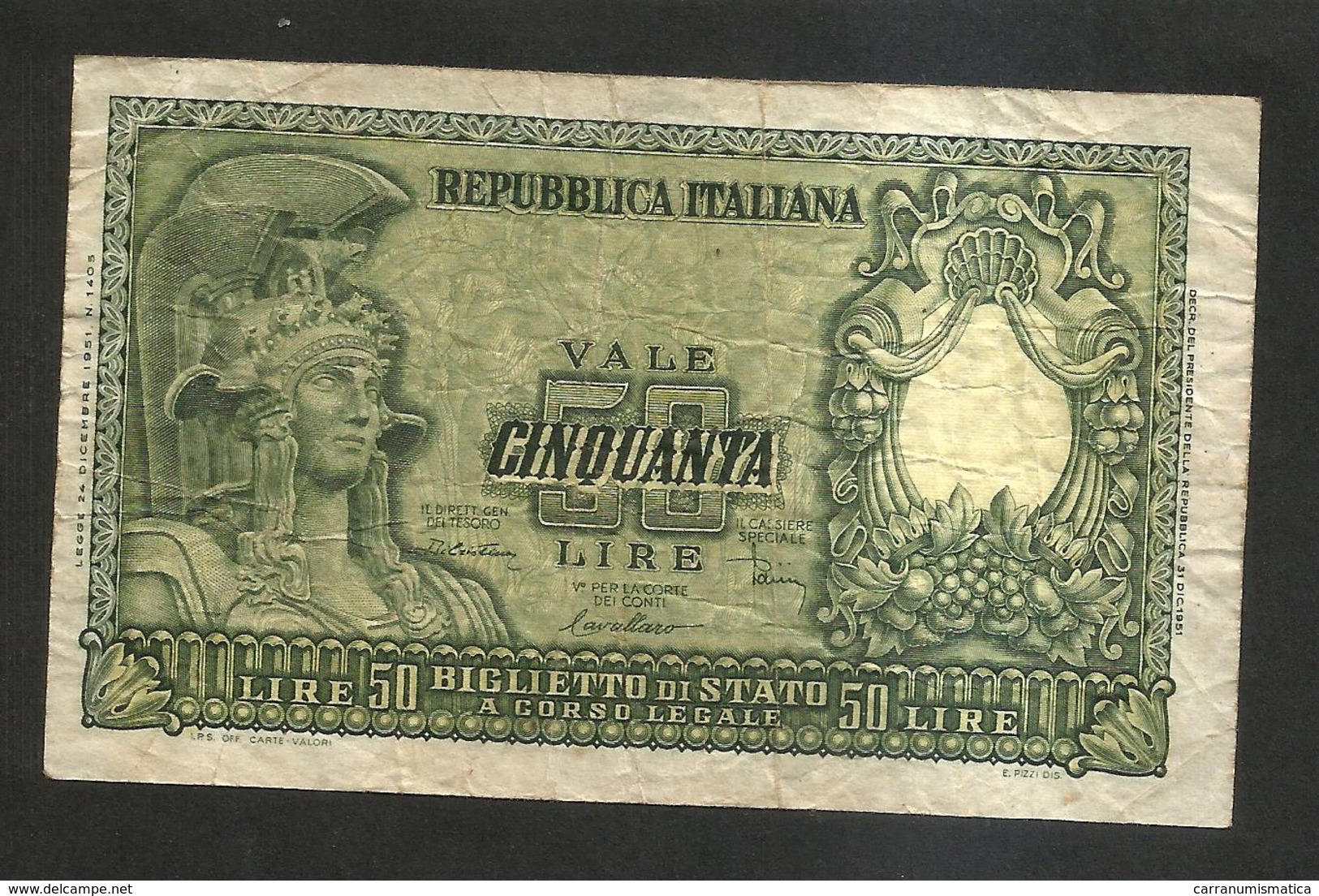 REPUBBLICA ITALIANA - 50 Lire ITALIA ELMATA - ( Firme: Di Cristina / Cavallaro / Parisi - Decr: 31-12-1951 ) - 50 Lire