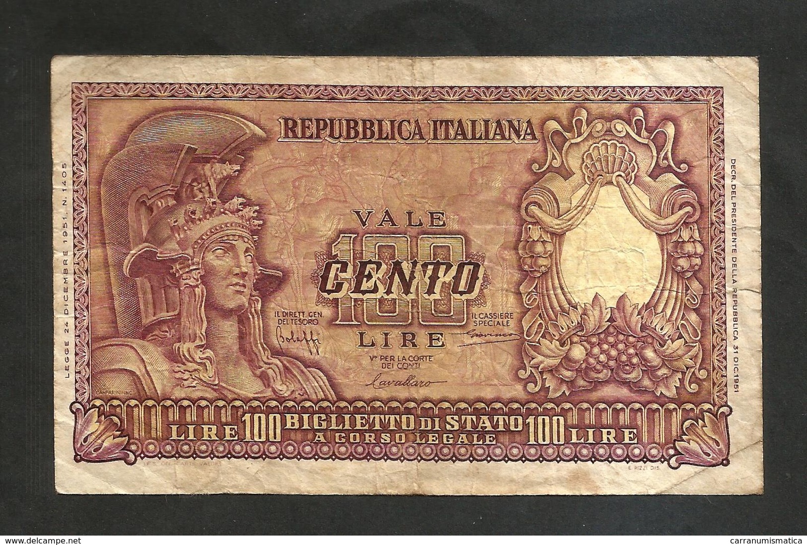 REPUBBLICA ITALIANA - 100 Lire ITALIA ELMATA - (Firme: Bolaffi / Cavallaro / Giovinco - Decr: 31-12-1951) - 100 Lire