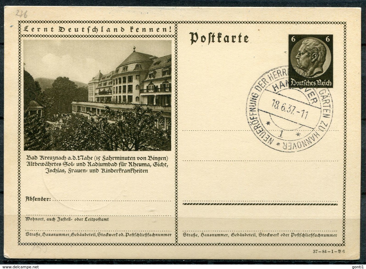 German Empires1934 GS Mi.Nr.P236/37-84-1-B6 "Lernt Deutschland Kennen!-Bad Kreuznach,Kurhaus" Mit SST"Hannover"1 GS Used - Autres & Non Classés