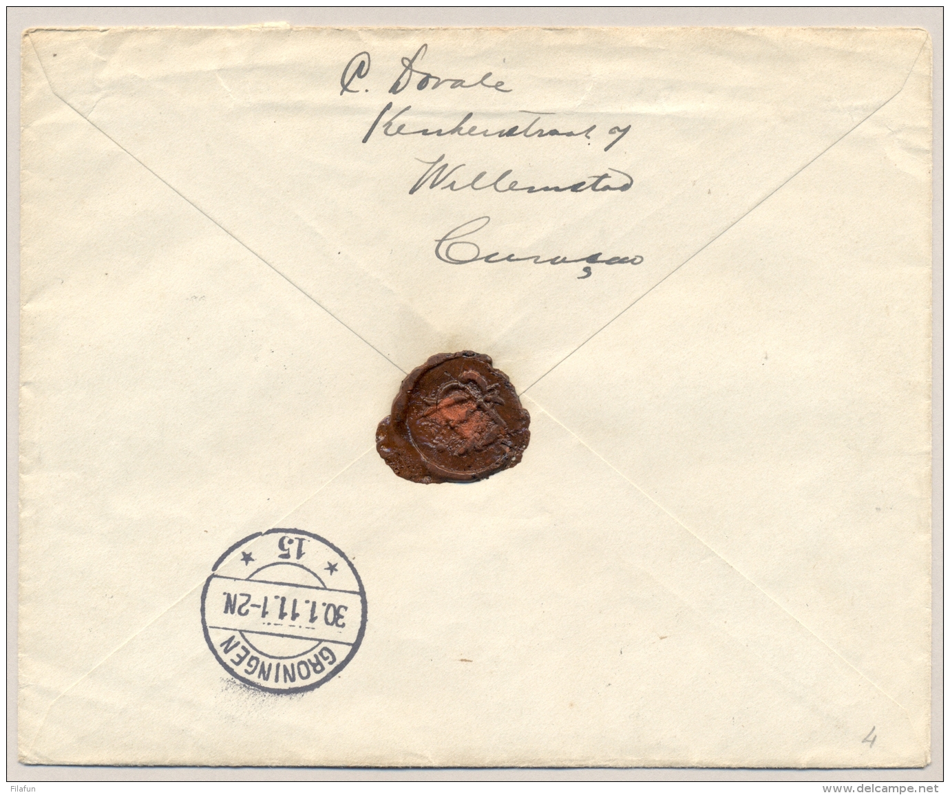 Curacao - 1911 - 12,5 Cent Wilhelmina, Envelop G5 + 10 Cent Aangetekend Met Vroege Datum VBD Van Curacao Naar Groningen - Curaçao, Nederlandse Antillen, Aruba