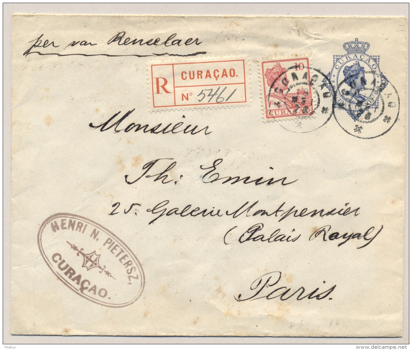 Curacao - 1928 - 12,5 Cent Wilhelmina, Envelop G13 + 10 Cent Registered Van GR CURACAO Naar Paris / France - Curacao, Netherlands Antilles, Aruba