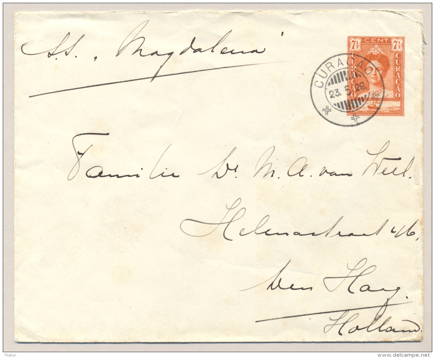 Curacao - 1929 - 7,5 Cent Wilhelmina Met SS Simon Bolivar, Envelop G24 Van KB CURACAO Naar Den Haag / Nederland - Curaçao, Nederlandse Antillen, Aruba