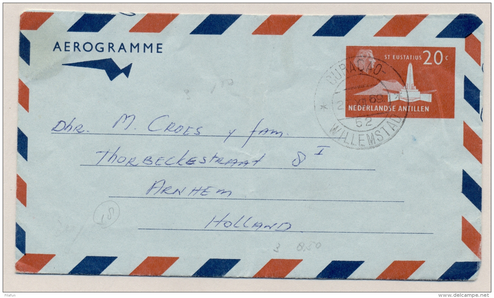 Curacao - 1969 - 20c Juliana Met St Eustatius Aerogramme G3 Van KB Curacao/Willemstad 52 Naar Arnhem / Nederland - Niederländische Antillen, Curaçao, Aruba