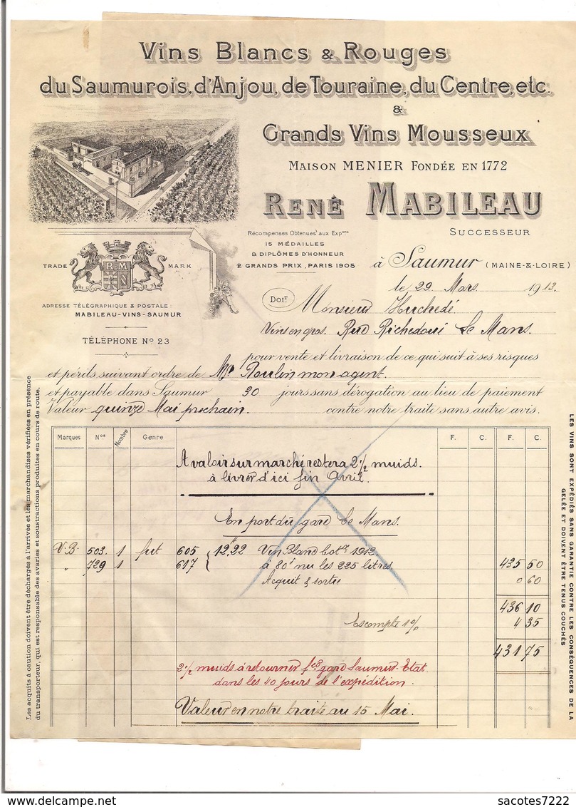 FACTURE QUITTANCE -  VINS BLANCS  ET ROUGES - MABILEAU à SAUMUR - - 1900 – 1949